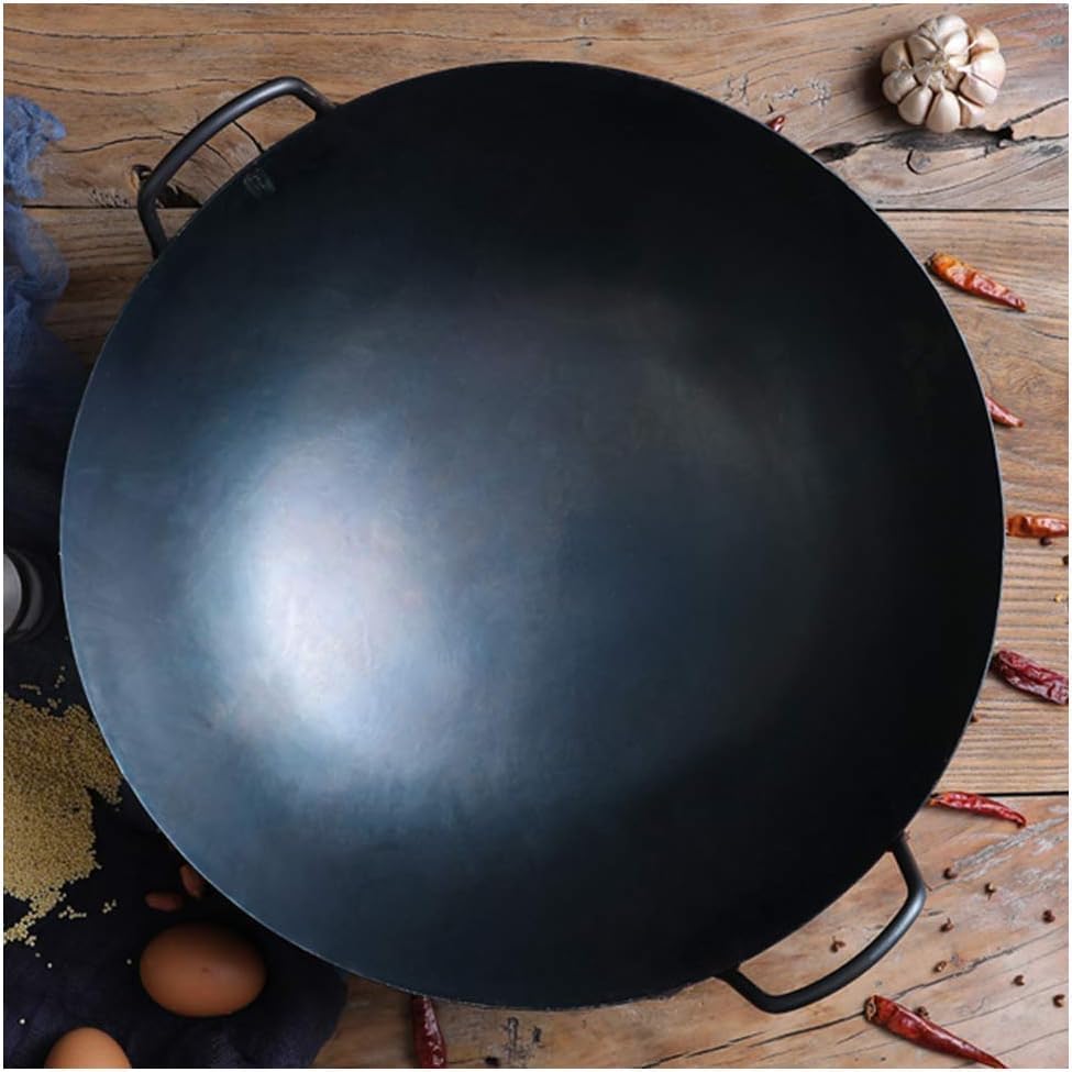 22-Inch Hand-Hammered Cast Iron Wok - Large Capacity Chef's Pot for Multi-Person Meals, Rust-Resistant, Ideal for Stir-Frying and Cooking Authentic Dishes (50cm)