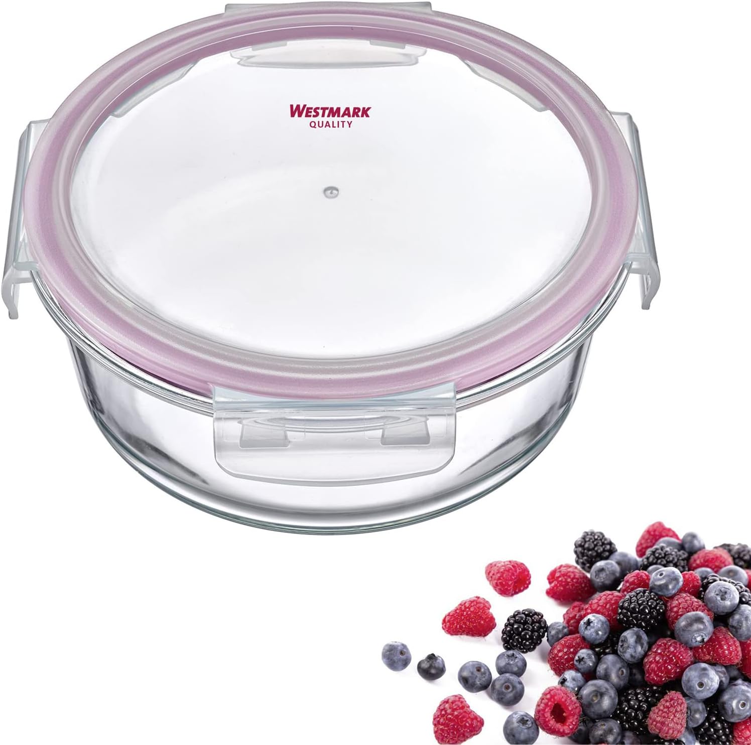 Westmark Glass Food Storage Container Round 1300 ml Microwave and Oven Safe Glass/Silicone/Plastic Transparent/Red 233522E1