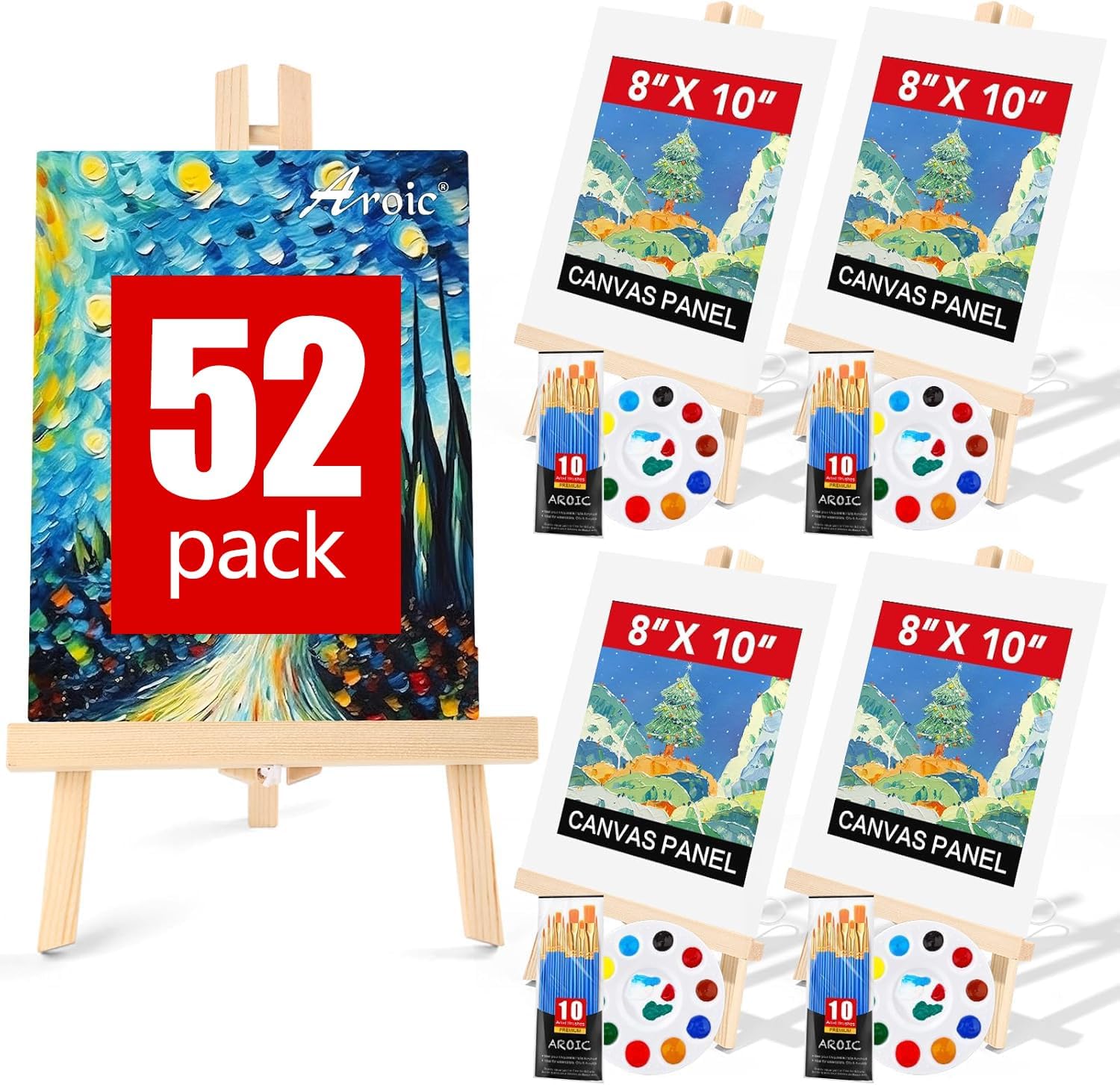 AROIC 260 Pack Easel and Canvas Sets with 20 Wood Easels,200 Brushes,20 Canvas and 20 Palette, Painting Set, Tabletop Easel, Art Easels, Painting Supplies for Kids & Adults to Paint Party