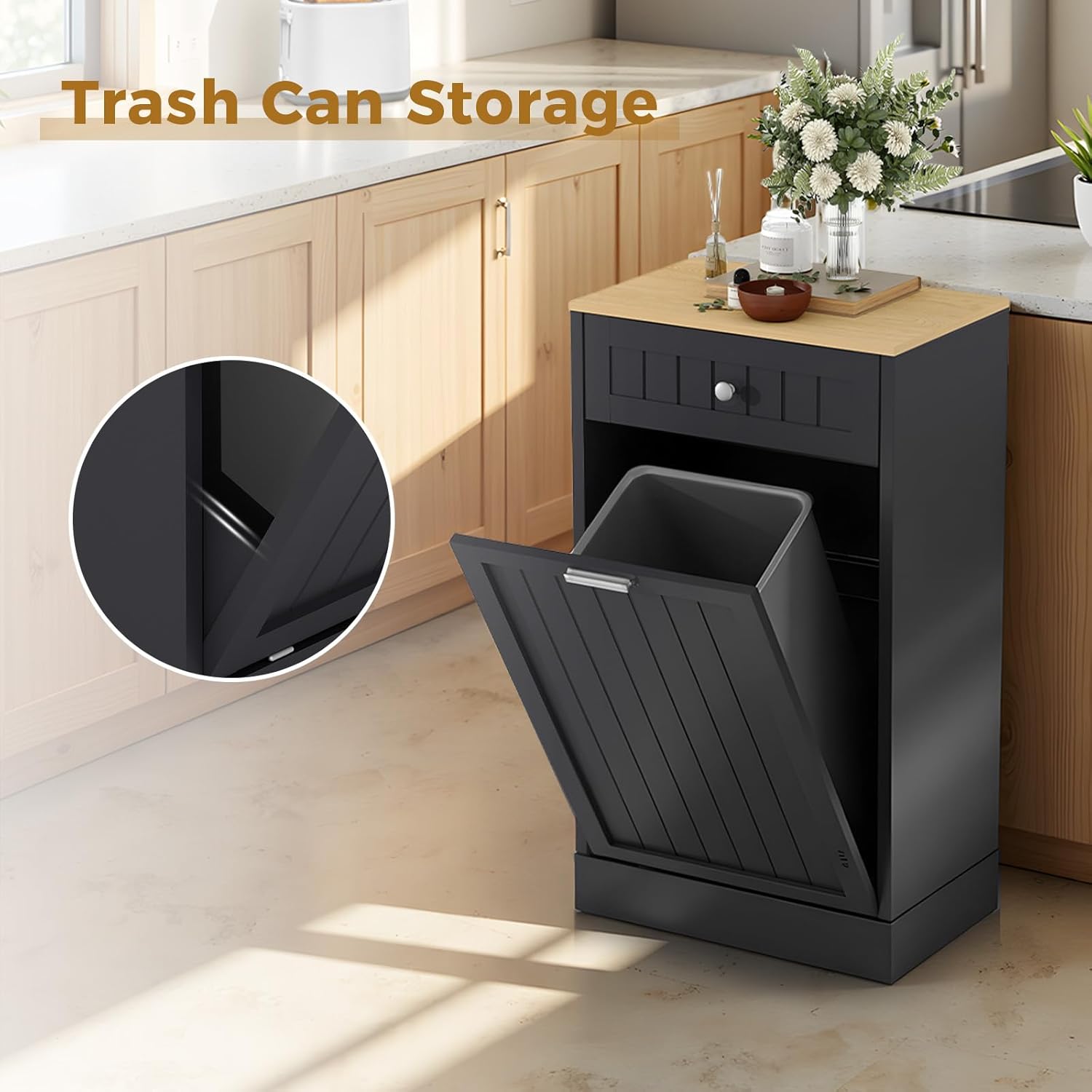 10 Gallons Tilt Out Trash Cabinet, Freestanding Kitchen Trash Bin Cabinet Wood Garbage Recycling Cabinet with Hideaway Drawer for Kitchen Living Room,Black