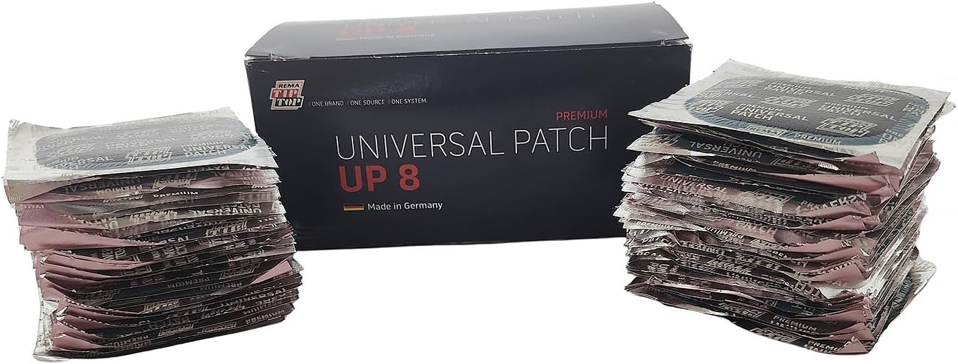 Rema Tip Top UP-8 Universal Tire Patch Repair Unit for Radial and Bias Flat Tire Repair. 50 Tire Patches for Tire Repair up to 5/16 inch. Use Rema BL8-F Special Blue Tire Cement and Rema Stem Insert.