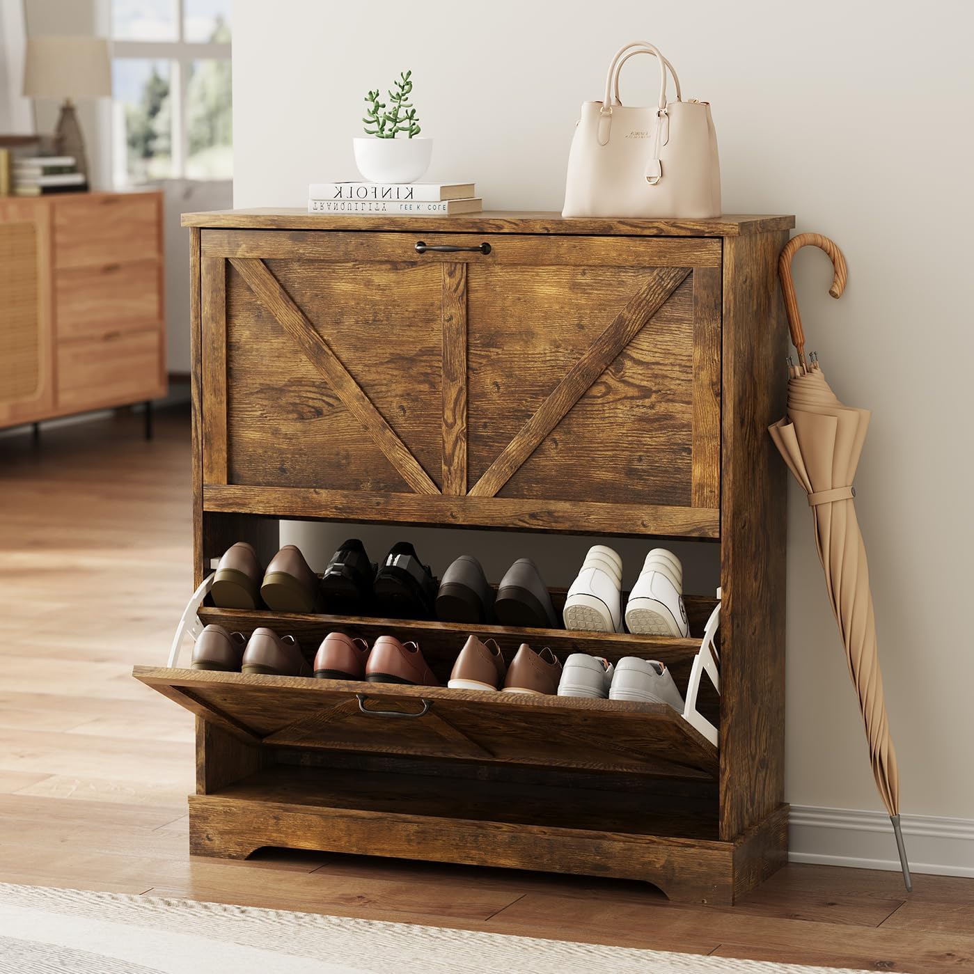 Shoe Cabinet, Shoe Storage Cabinet for Entryway with 2 Flip Drawers, Narrow Farmhouse Shoe Organizer Cabinet, Slim Shoe Rack Cabinet, 31.5 in Rustic Brown