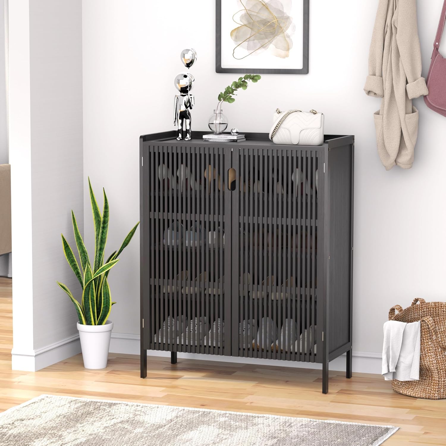 Shoe Cabinet, 20 Pair Farmhouse Shoe Organizer Cabinet, Freestanding Bamboo Wood Shoe Storage Cabinet with Grille Doors, 5-Tier Narrow Shoe Cabinet for Entryway Hallway, Natural