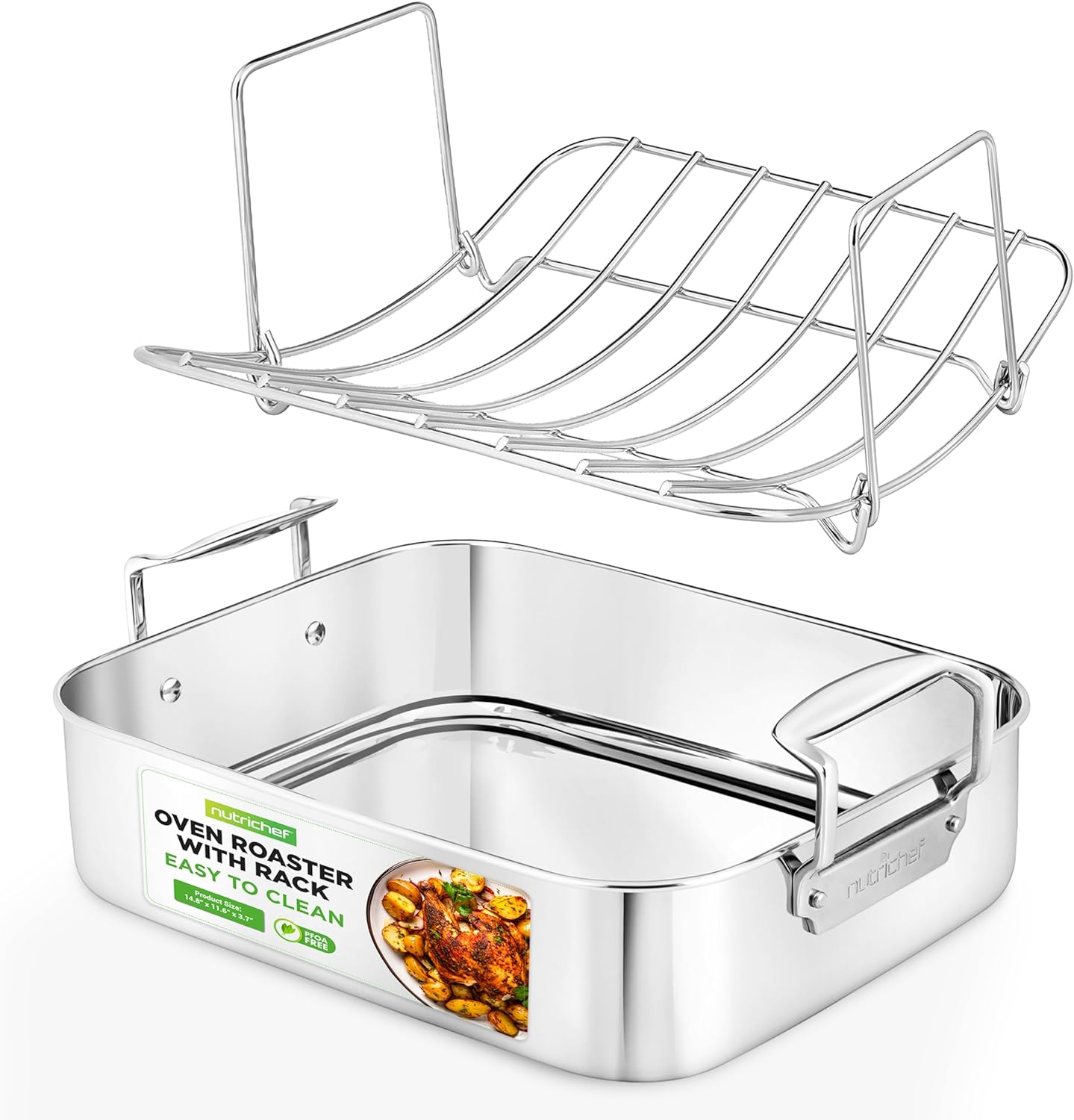 NutriChef 14-Inch Stainless Steel Oven Roasting Pan with Polished Wire Rack - Kitchen Roaster Tray w/ Built-In Handles - Heavy Duty Bakeware for Turkey, Chicken, Meats, & More - NCTURKSS26