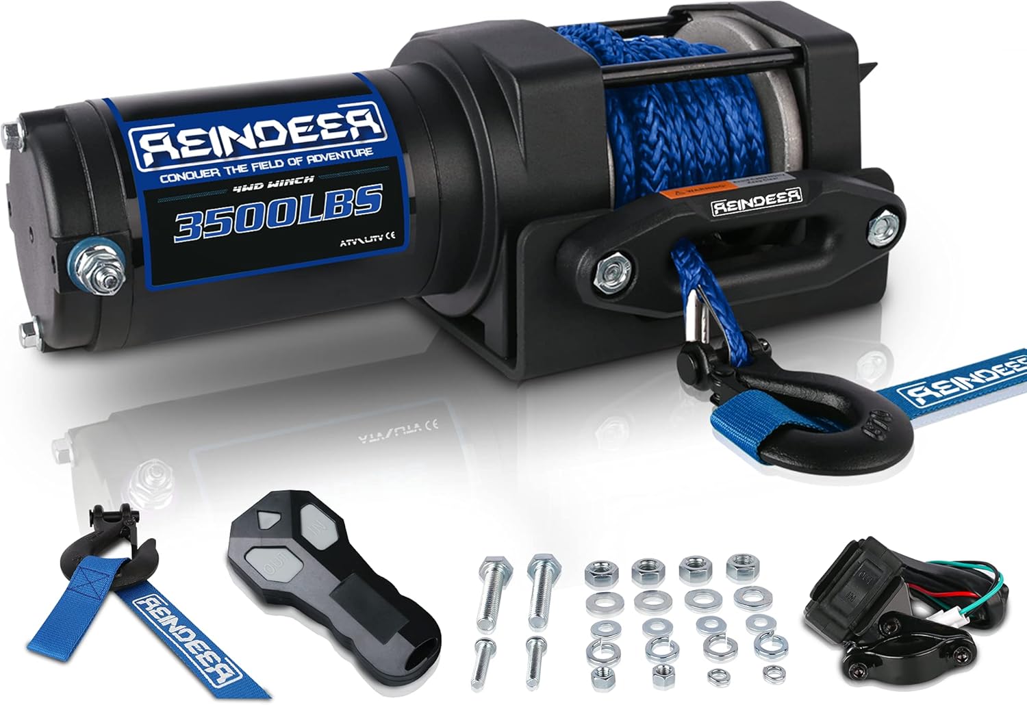 REINDEER New 12V Winch 3000 lb Load Capacity Electric Winch Kit Synthetic Rope with Hawse Fairlead Waterproof IP67 with Wireless Remotes for 4X4 Side by Side 4 Wheeler ATV UTV Rescue Recovery