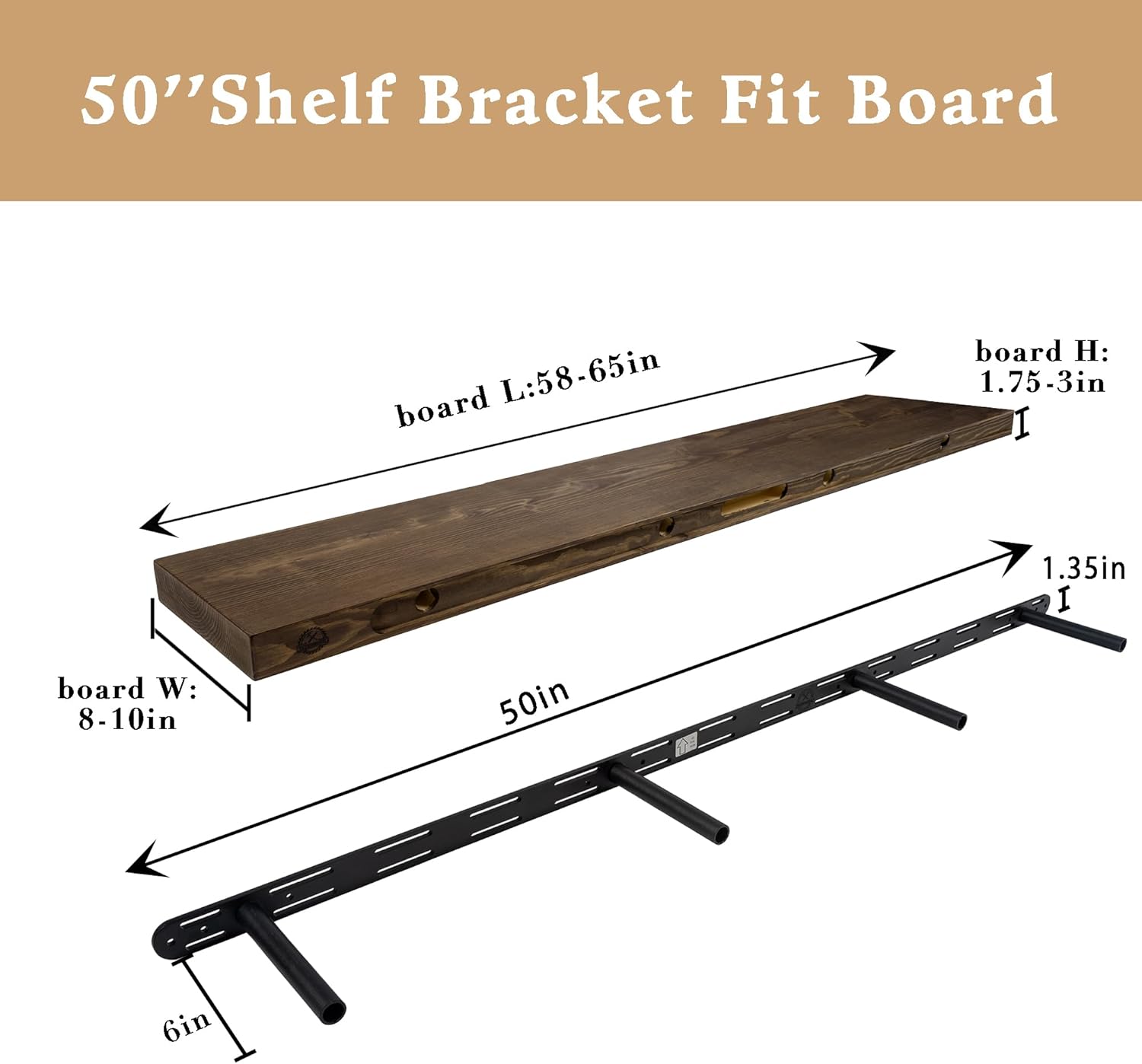 50 inch Heavy Duty Floating Shelf Bracket Set of 2，6 Inch Rod Solid Steel Hidden Shelf Brackets for Floating Wood Shelves，Invisible Wall Mount Bracket for Home & Office(50 inch with Build Kit)