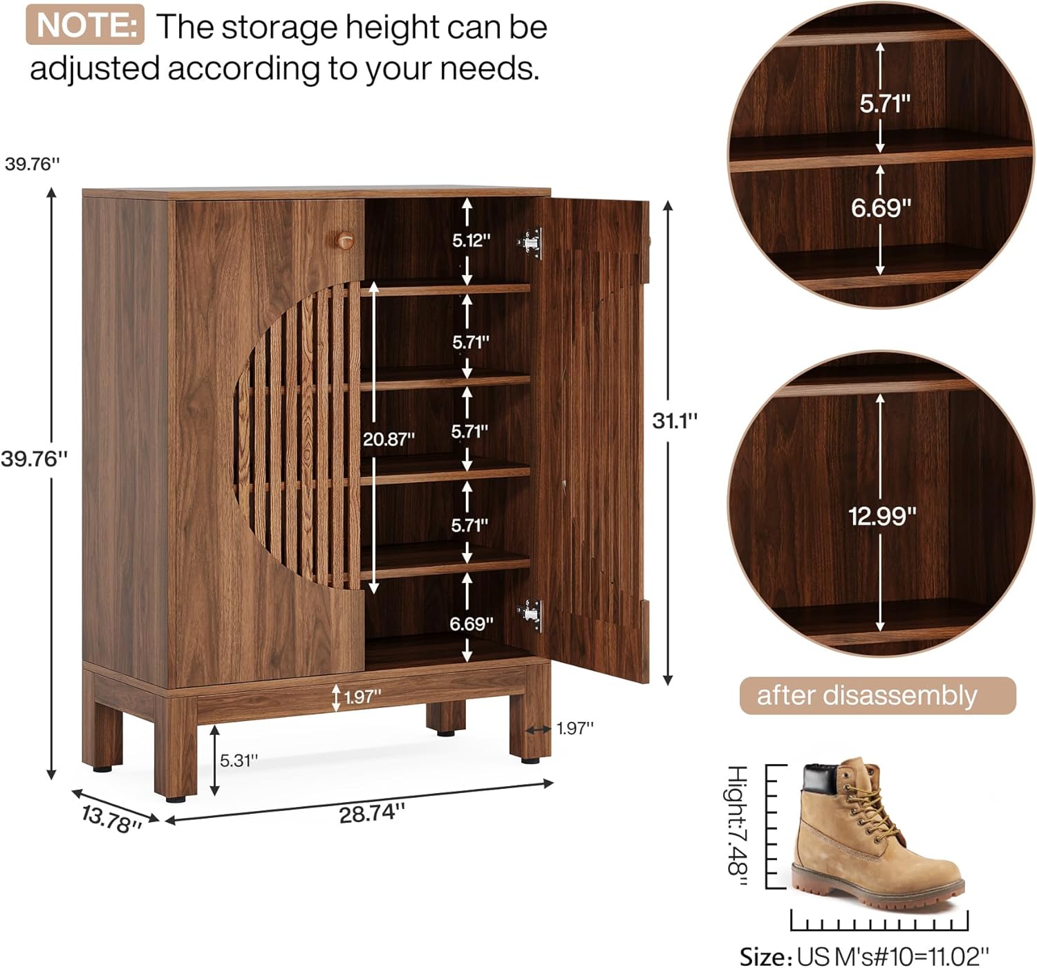 Tribesigns 5-Tier Shoe Cabinet with Round Louvered Doors, 20 Pairs Farmhouse Shoe Storage Cabinet with Adjustable Shelves, Wooden Shoe Rack Organizer for Entryway, Hallway, Living Room (Brown)