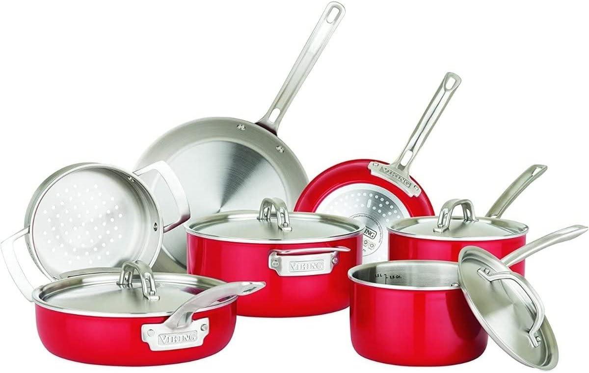 Viking Multi-Ply Color 2-Ply 11pc Cookware Set with Stainless Steel Lids, Red