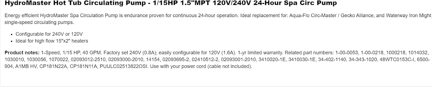 Master Hot Tub Circulating Pump 1/15HP Iron Might 120V 240V 24 Hr Spa Circ Replacement for Hydro OEM