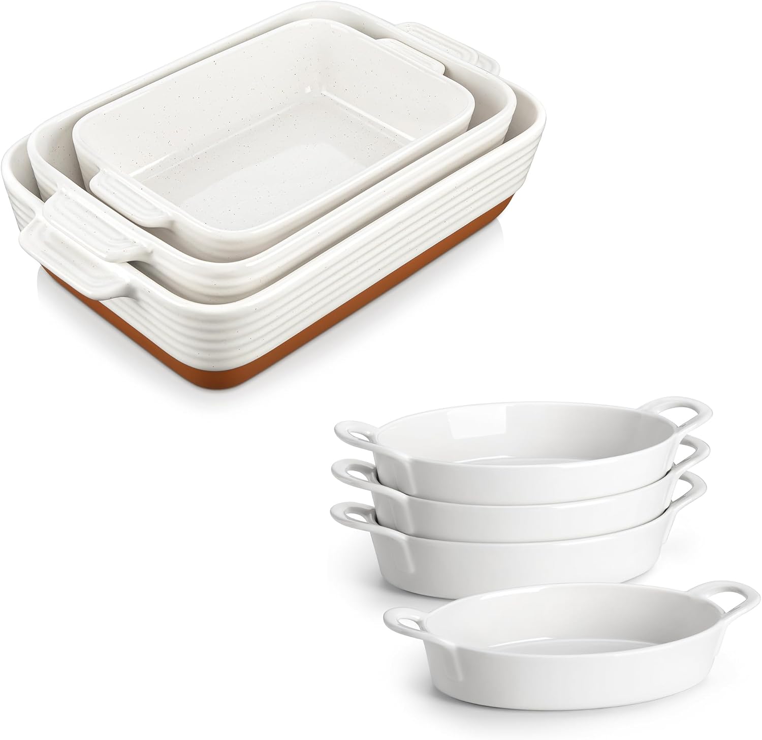 MALACASA Casserole Dishes for Oven, Ceramic Baking Dishes Set of 3 & Set of 4, Rectangular and Oval Au Gratin Baking Pans with Handles, Deep Lasagna and Mini Baking Pans for Roasting
