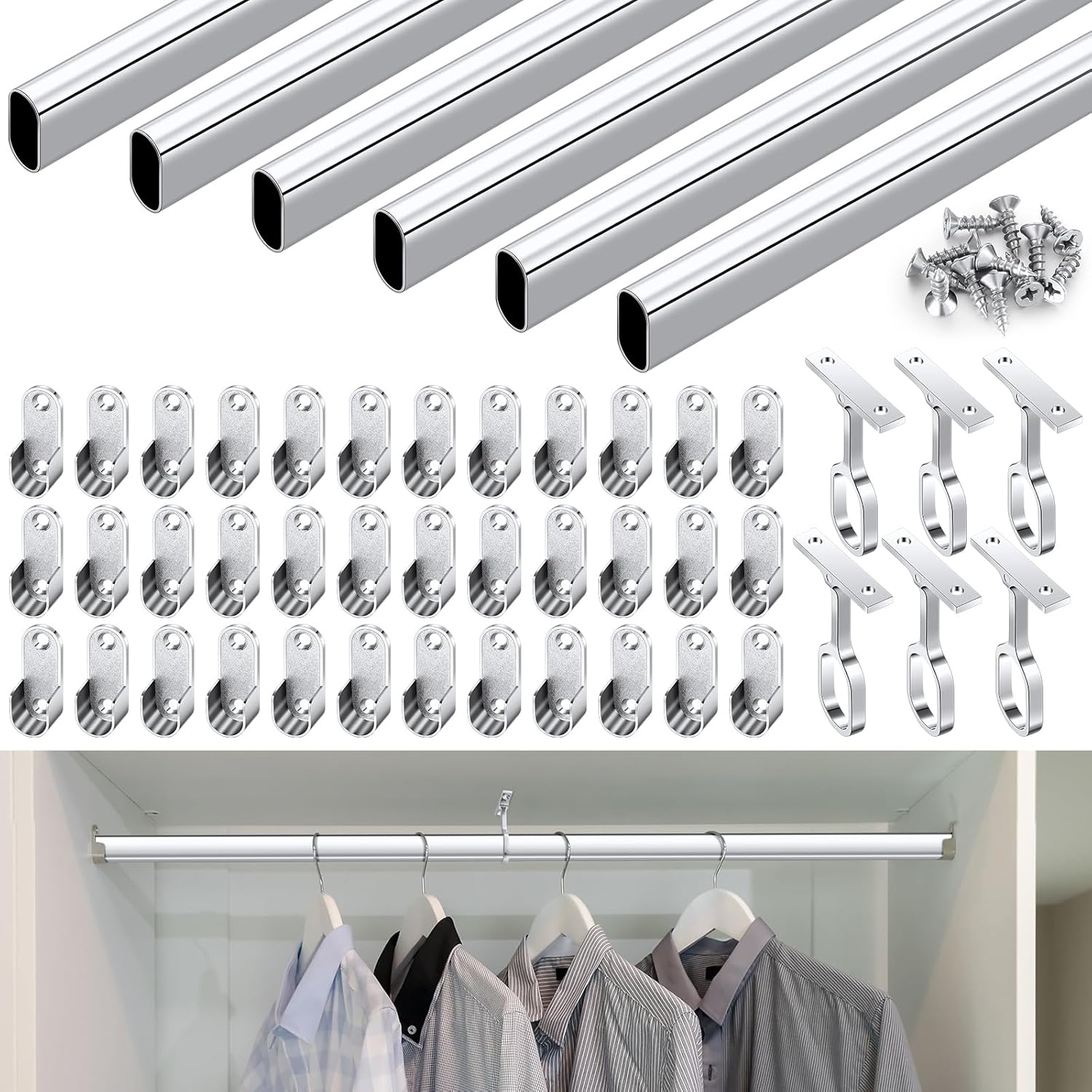 Tandefio Chrome Closet Rod 92 Inch with Oval Closet Rod 6 End Supports for Laundry Room Hanging Clothes Waterproof Shower for Curtains(Silver,6 Sets)