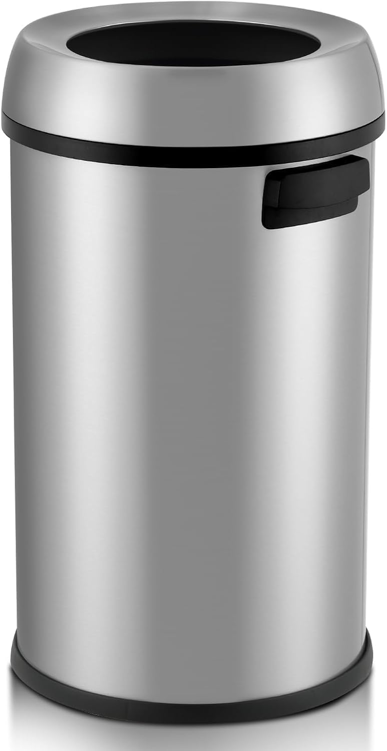 65L/17 Gallon Heavy Duty Commercial/Kitchen Trash Can, Fingerprint-Resistant Waste Bin, Brushed Stainless Steel Finish Open Top Waste Bin for Office Bedroom Restaurant, Commercial Grade