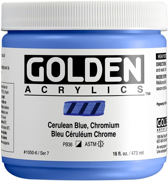 Heavy Body Acrylics by GOLDEN, Cerulean Blue Chromium, 16 fl. oz. Jar, Professional Acrylic Paint, Semi-Opaque