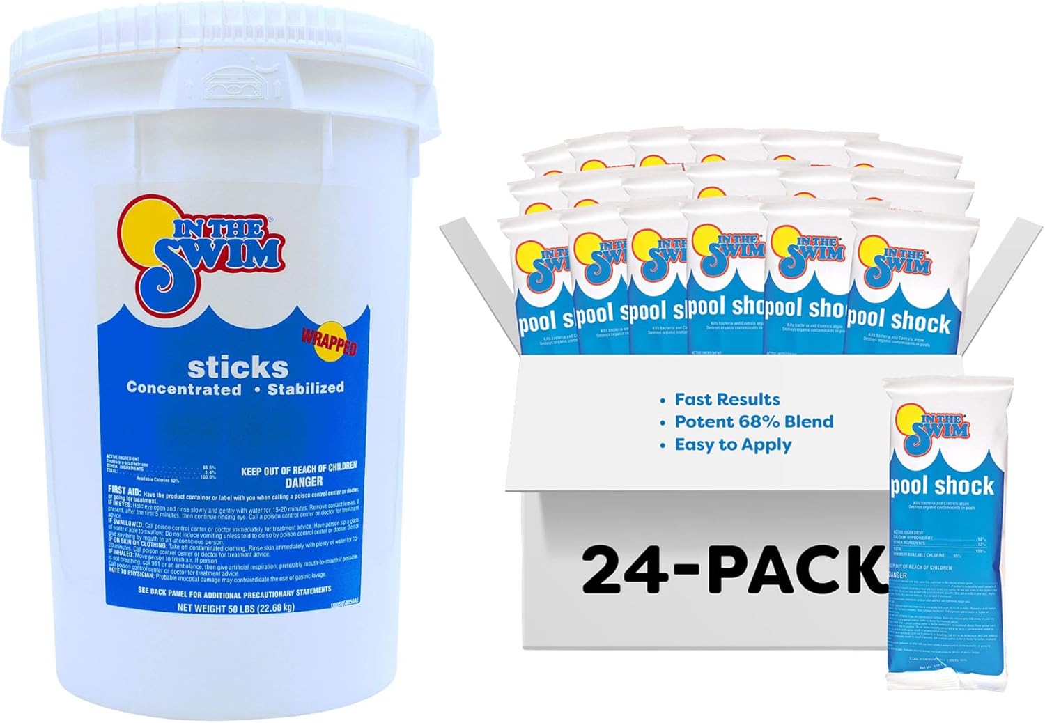 In The Swim 4 Inch Chlorine Sticks for Sanitizing Swimming Pools - Individually Wrapped, Slow Dissolving, Stabilized Chlorine Sanitizer - 90% Available Chlorine, 99% Trichlor - 50 Pounds