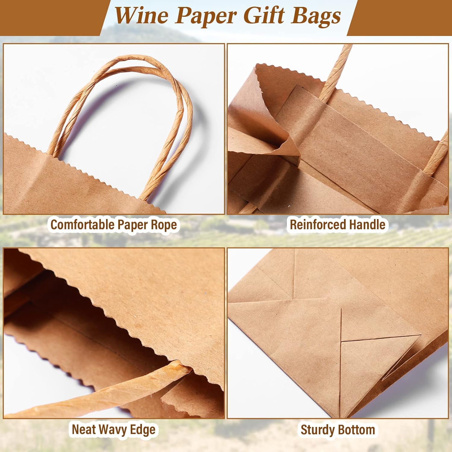 Handepo 200 Pieces Paper Wine Bags Kraft with Convenient Handles 13 x 5.3 x 3.3 Inch Gift Tote Shopping Bags for Small Business Wine Gift Wrap (Brown)