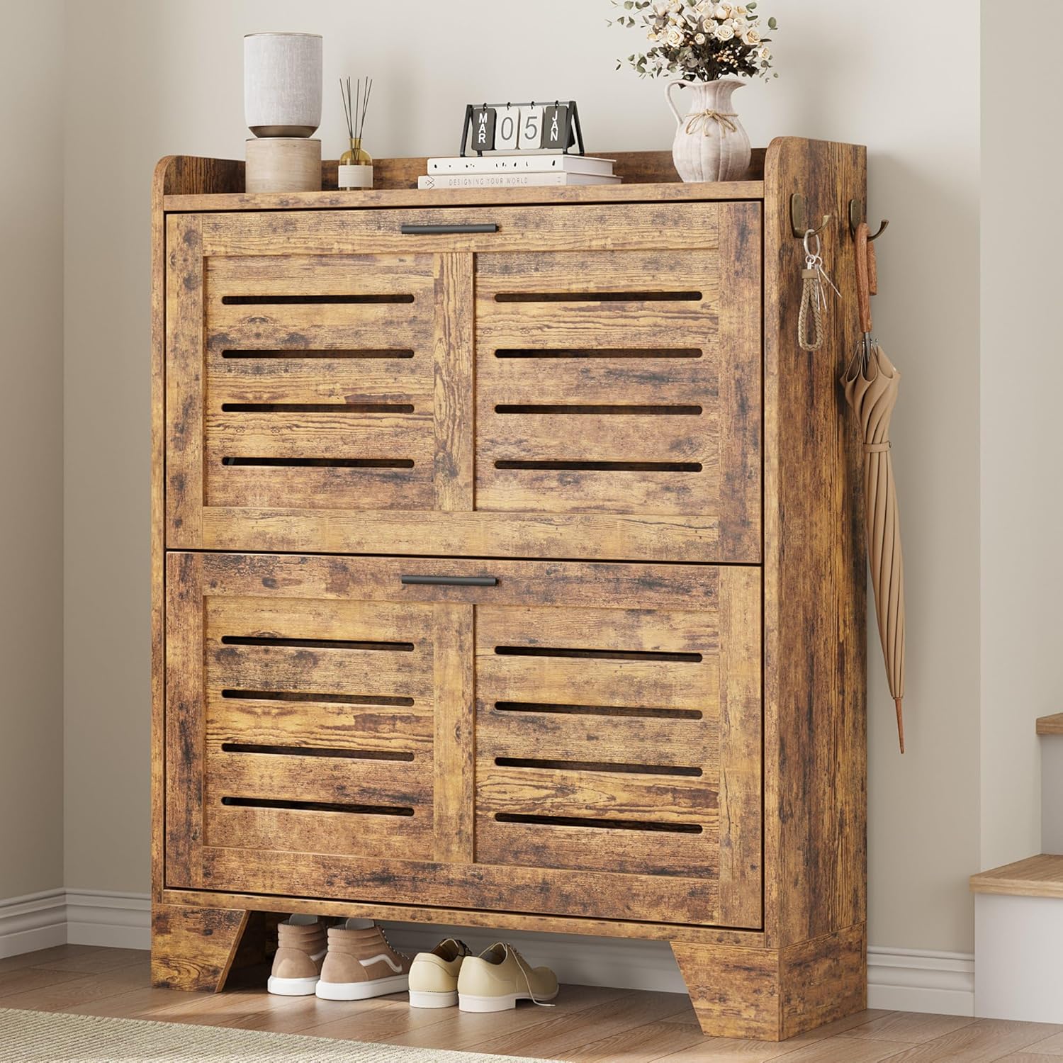 GAOMON Narrow Shoe Cabinet for Entryway, Slim Shoe Cabinet with 2 Flip Drawers, Farmhouse Thin Shoe Organizer Cabinet with Hooks for Entrance, Hallway, Front Door,Rustic Brown