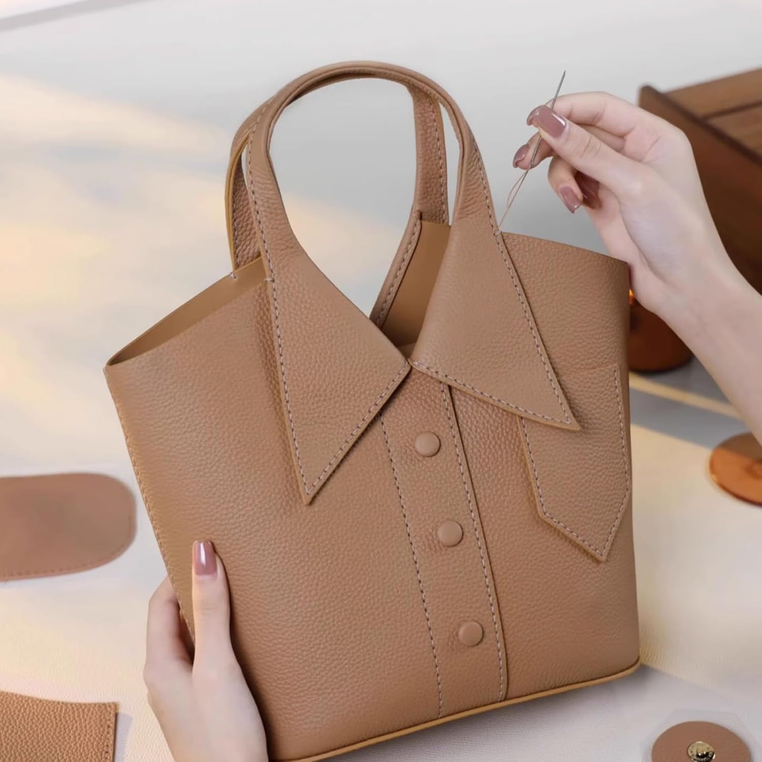 POPSEWING Leather Collar Handbag DIY Kit, DIY Crossbody Shoulder Bag with Sewing Kits, Handmade Bag Kit for Mom Girlfriend Birthday Gift (Brown)