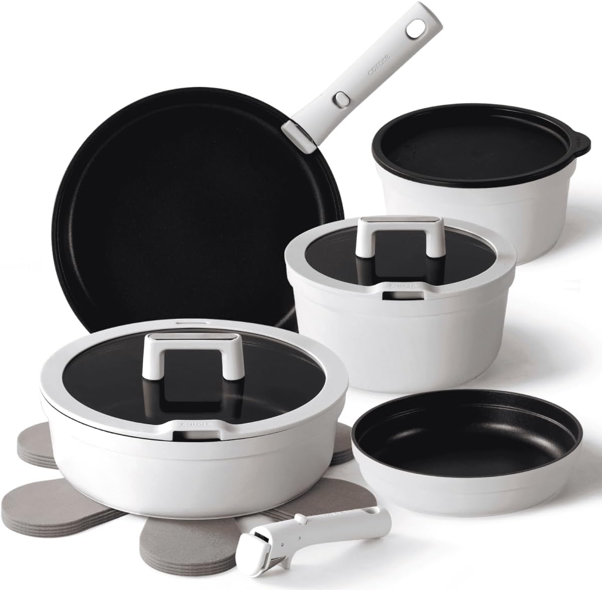 Carote 14-Pc Non-Stick Cookware Set, Pots and Pans Set with Detachable Handles, Dishwasher Safe, Oven/Induction Compatible, White