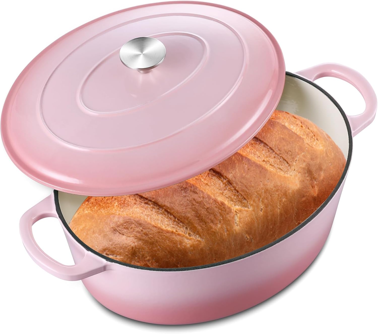 7 Quart Oval Dutch Oven with Lid, Leonyo 7QT Enameled Oval Cast Iron Dutch Oven for Sourdough Bread Breaking, Heavy Duty Cookware for Braising, Stews, Roasting, Pink