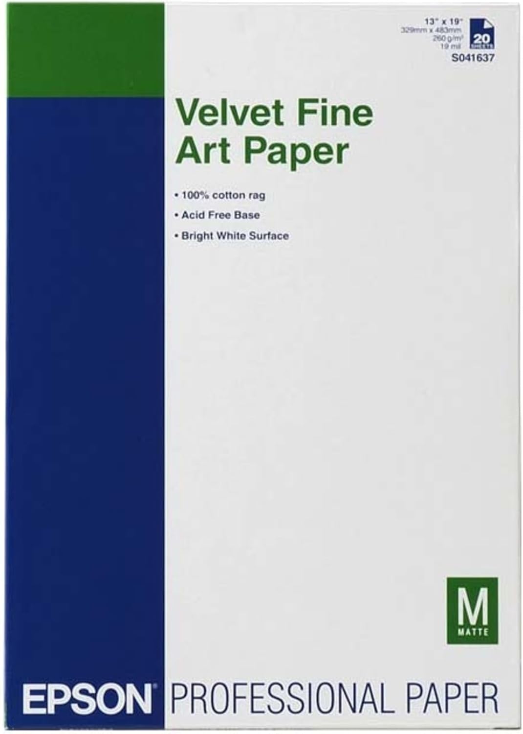 Epson S041637 Velvet Fine Art Paper, 13 x 19, White (Pack of 20 Sheets)