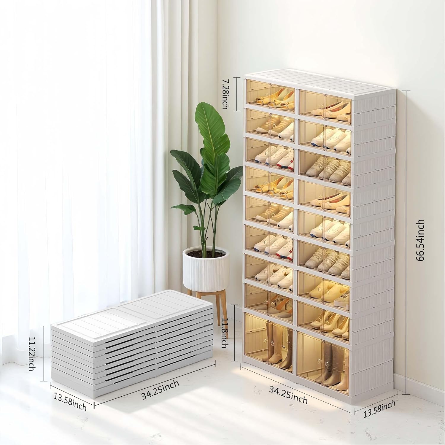 9-Tier Foldable Shoe Rack Organizer for Closet, Holds 36 Pairs Collapsible Plastic Storage Cabinet with Doors, Easy Assembly Large Shoe Shelf