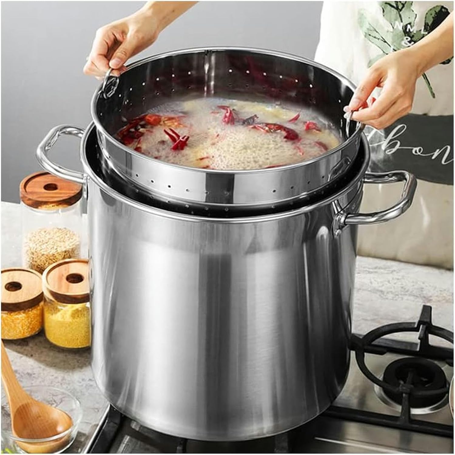 Commercial Large Stainless Steel Stockpot Turkey Deep Fryer Pot Seafood Crawfish Steamer Soup Bucket w/Strainer Basket, Lid and Welded Handles for Outdoor and Home,70L(50L)