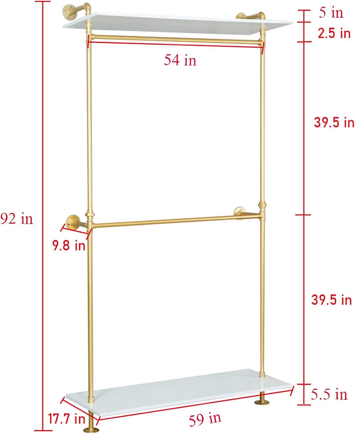 Modern Simple Industrial Pipe Double Hanging Rods Clothing Rack,Retail Display Wall Mounted Storage Clothes Hanging Shelf,2 Tier Wood Garment Rack (One Shelves,Gold, 47.2