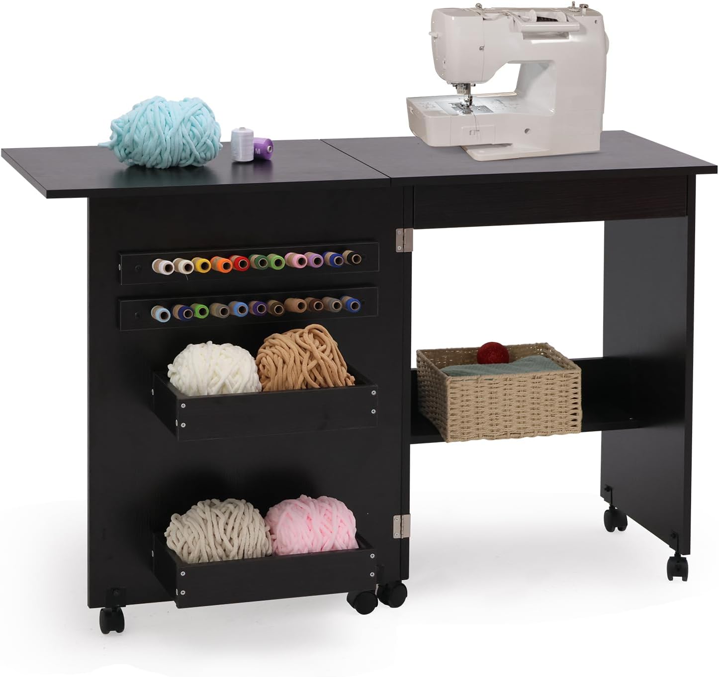 Folding Sewing Table Multipurpose Craft Station & Side Desk with Compact Design, Wheels with Locks,(Dark Brown)