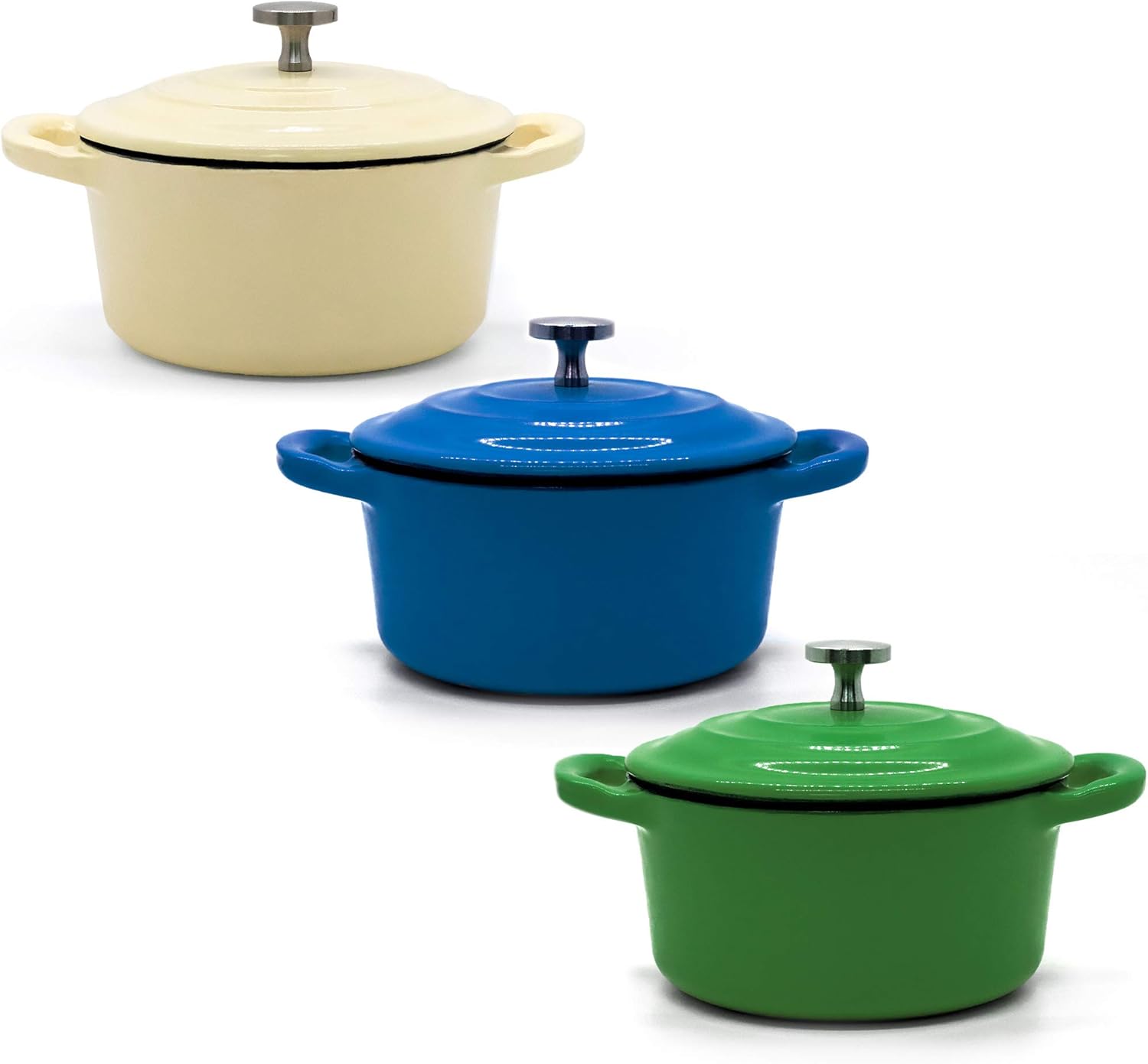 RJ Legend Mini Dutch Oven Pot Set of 3 - Enamel Surface, Non-Stick Cast Iron Cookware - Ideal Gift for Your Friends & Family - Blue, Green, White