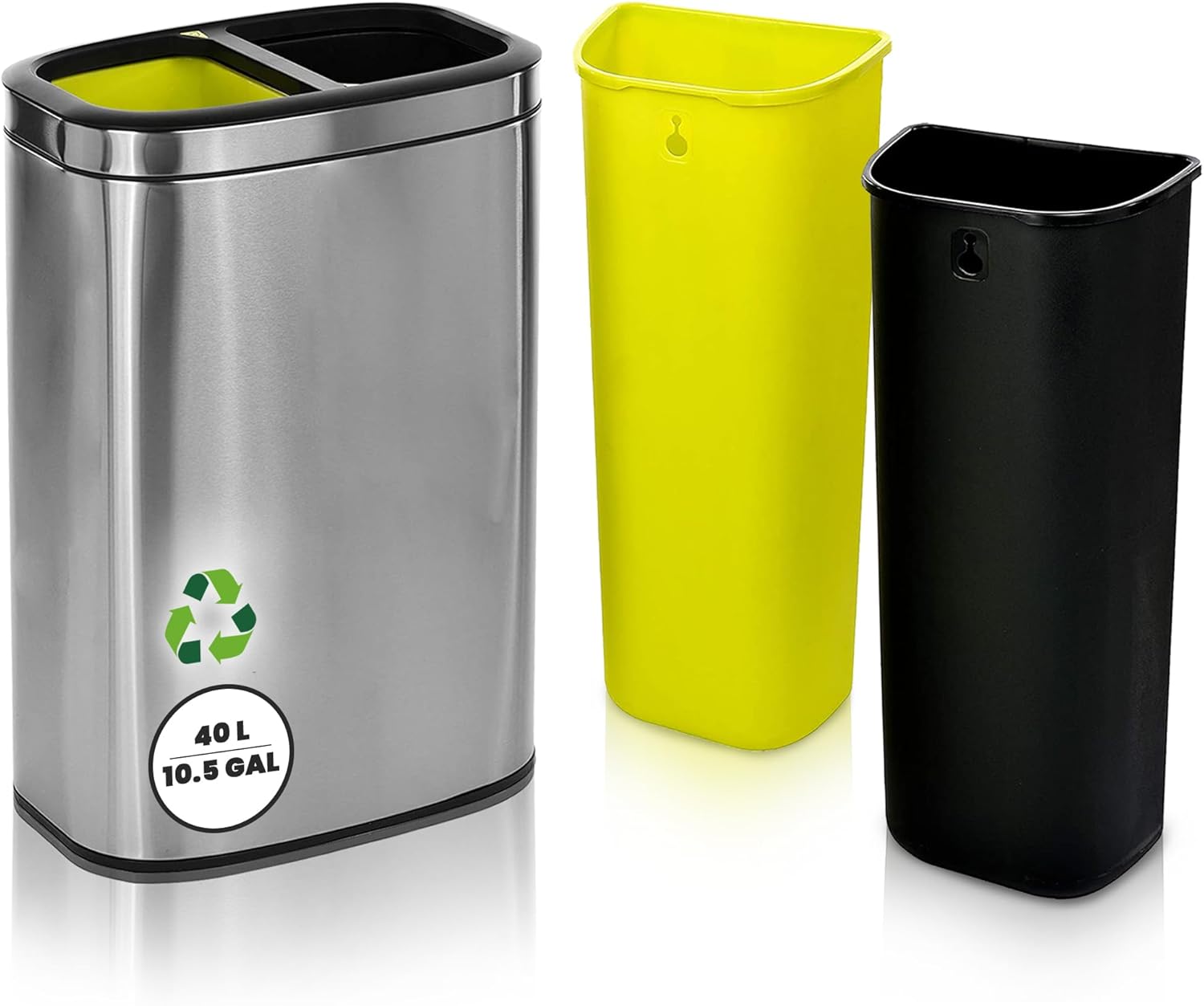 Alpine 40 Liter / 10.5 Gal Slim Dual Trash Can and Recycling Bin - Modern Stainless Steel Double Garbage Can, Two Compartment Trash Can Open Top, Removable Lid & Liners for Kitchen, Office, Bathroom