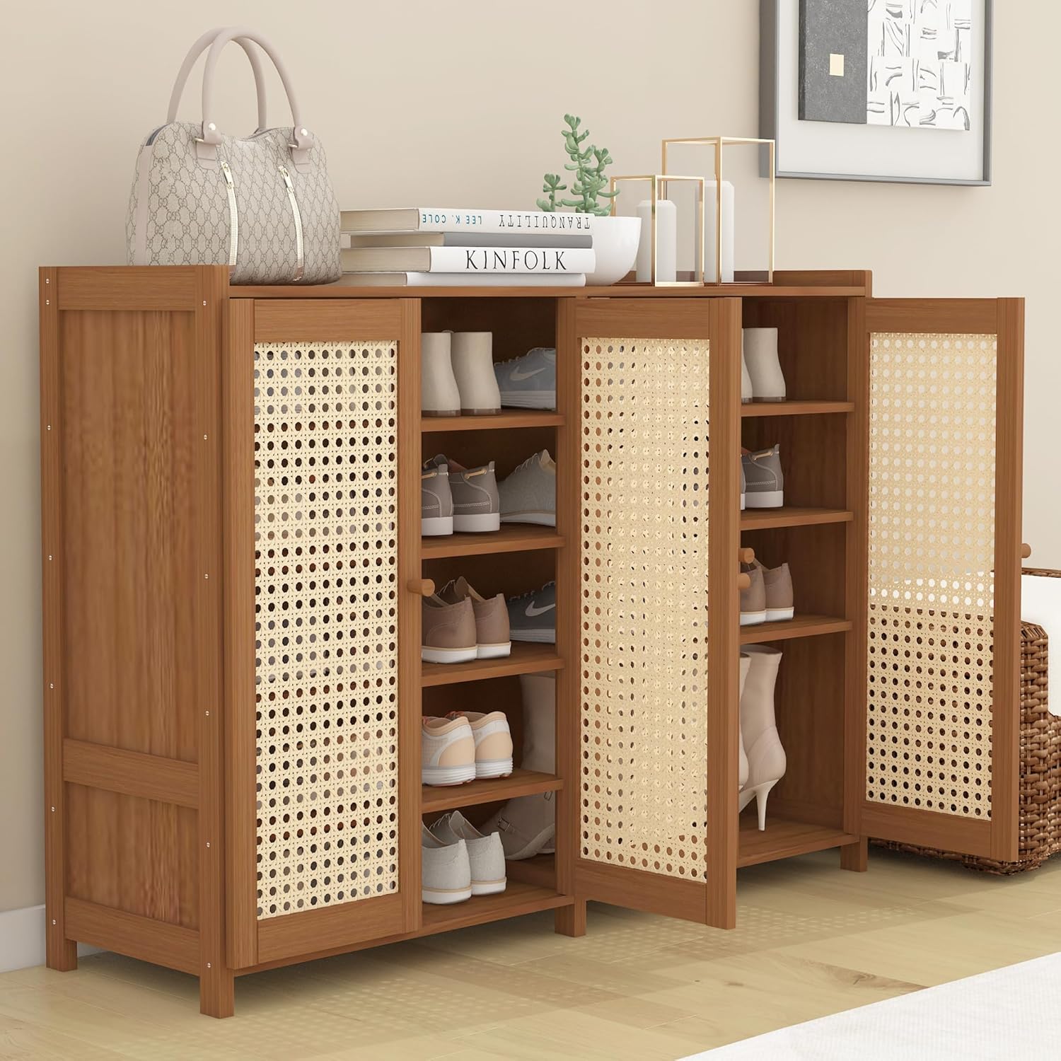 Upgraded Shoe Cabinet,Large Shoe Rack Storage Organizer,Heavy Duty Rattan Shoe Cabinet with Doors and Shelves,6-Tier Bamboo Shoe Rack for Entryway Hallway (47.2