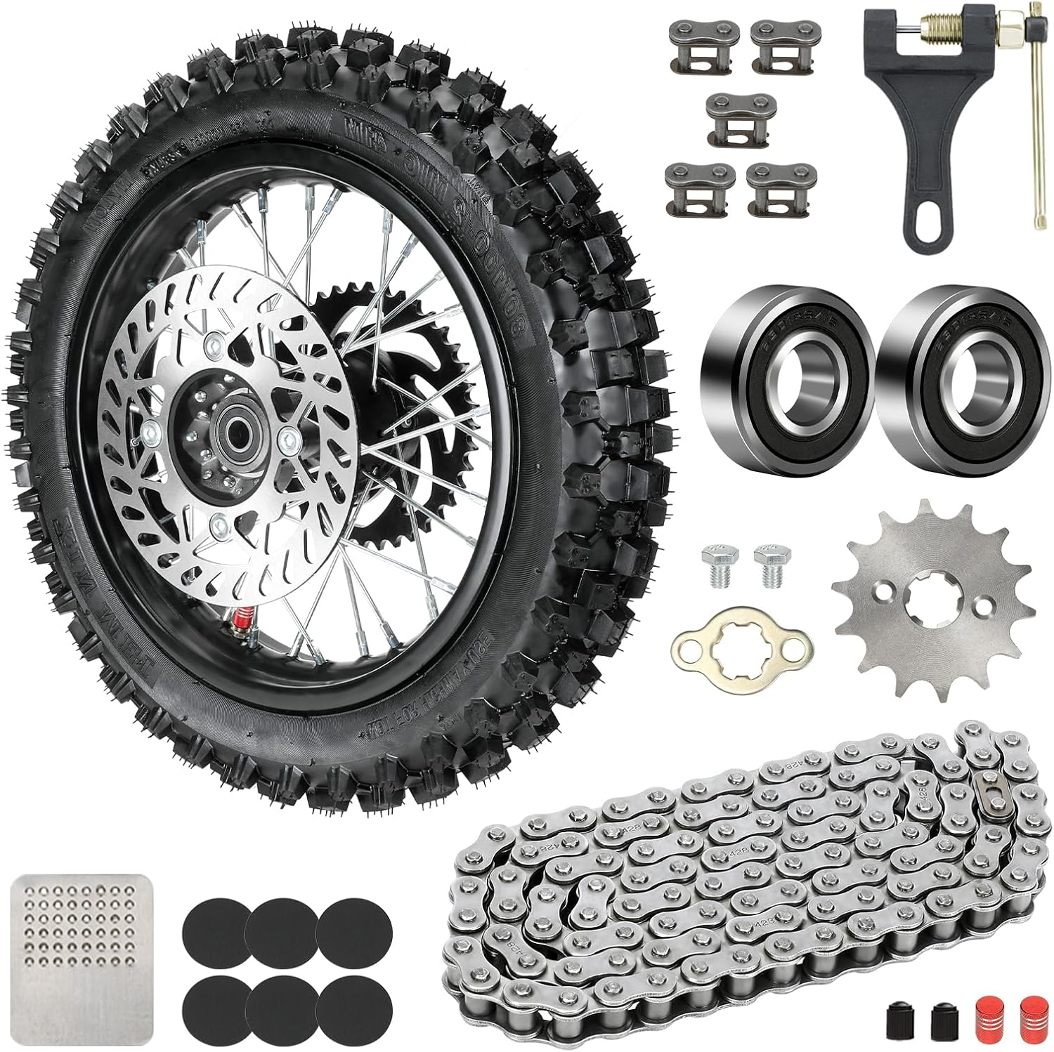 12'' Rear Wheel 80/100-12 3.00-12 Dirt Bike Tire and Inner Tube Assembly for 110cc 125cc SSR SR125 CRF110F CRF70 KLX110 KX65 PW80 TTR110 TTR90 YZ60 with Brake Rotor 428 41T Chain Sprocket