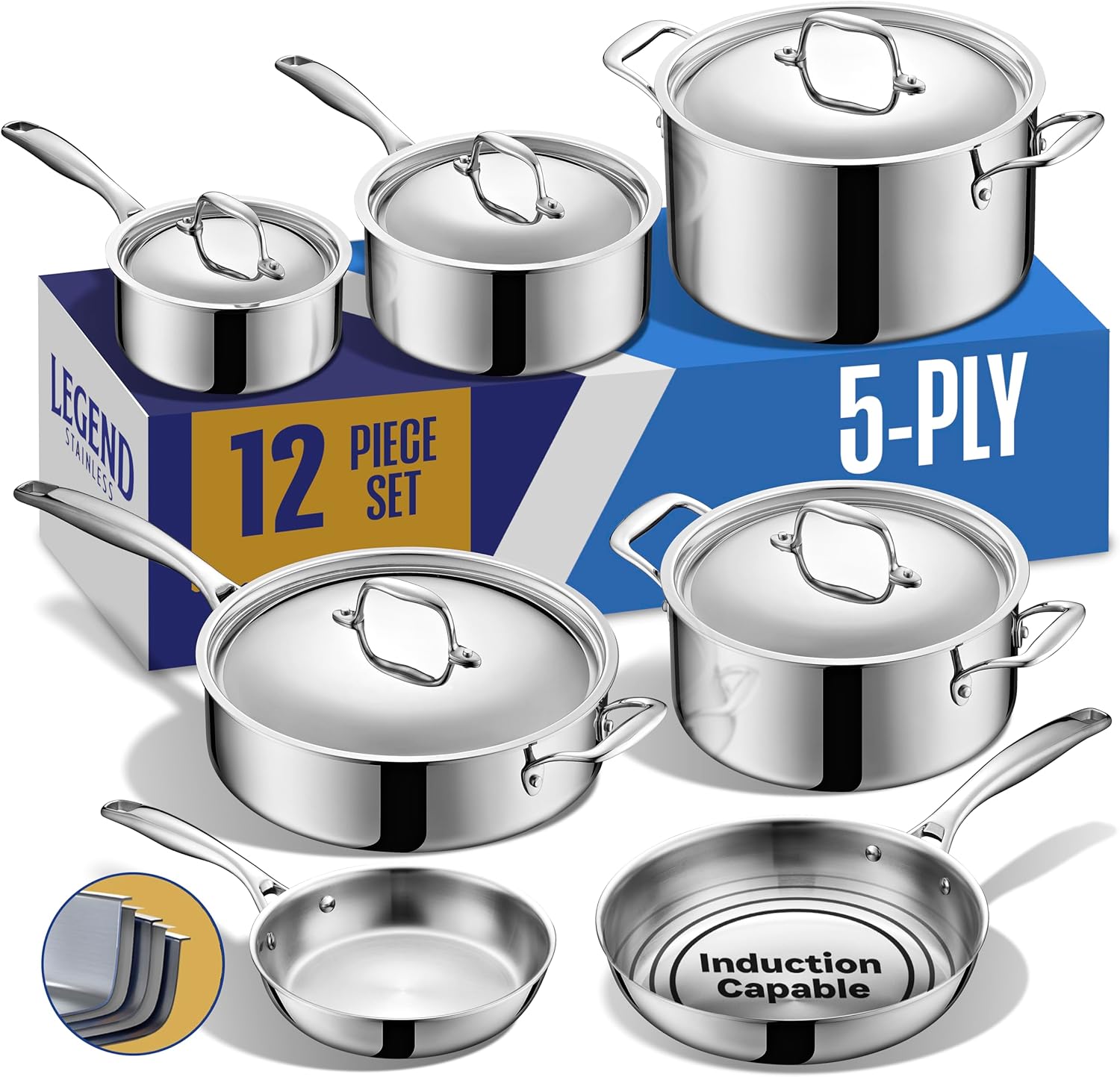 LEGEND COOKWARE 5-Ply Stainless Steel Cookware Set | 12-Piece Pot and Pan Set | Induction Compatible, Non-Toxic | Heavy Duty 18/8 Full Clad Construction | Oven Safe Even Heating | PFOA PTFE PFOS Free