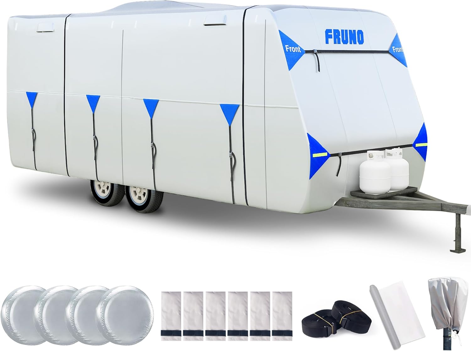 FRUNO Oxford Fabric Travel Trailer Cover RV Cover 18'-20' Waterproof Rip-Resistant Anti-UV Camper Cover for Winter Snow with Jack Cover 4 Tire Covers and Gutter Covers