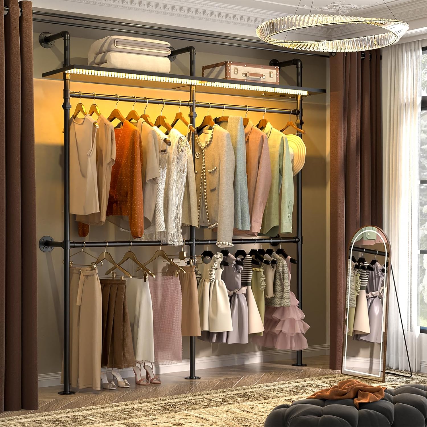 Aheaplus Industrial Pipe Clothing Rack, Reversible 79.7'' Clothes Rack for Hanging Clothes, Heavy Duty Garment Racks Closet Wardrobe with LED Lights& Shelves, Walk-in Closet System, Black