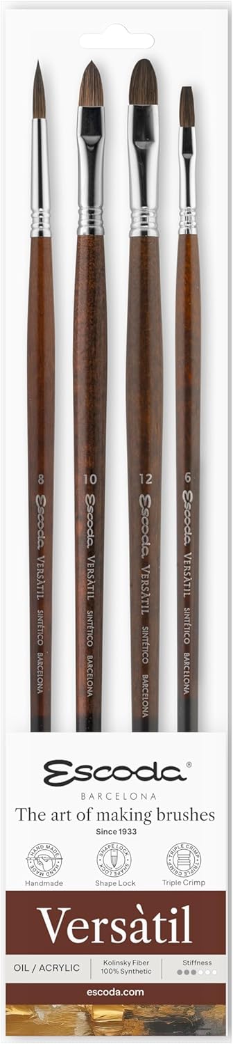 Escoda | Oil and Acrylic | Versàtil Series Set for Oil and Acrylic | size 6,8,10,12 | 4 brushes | synthetic Kolinsky | round pointed + filbert + bright + bright long length