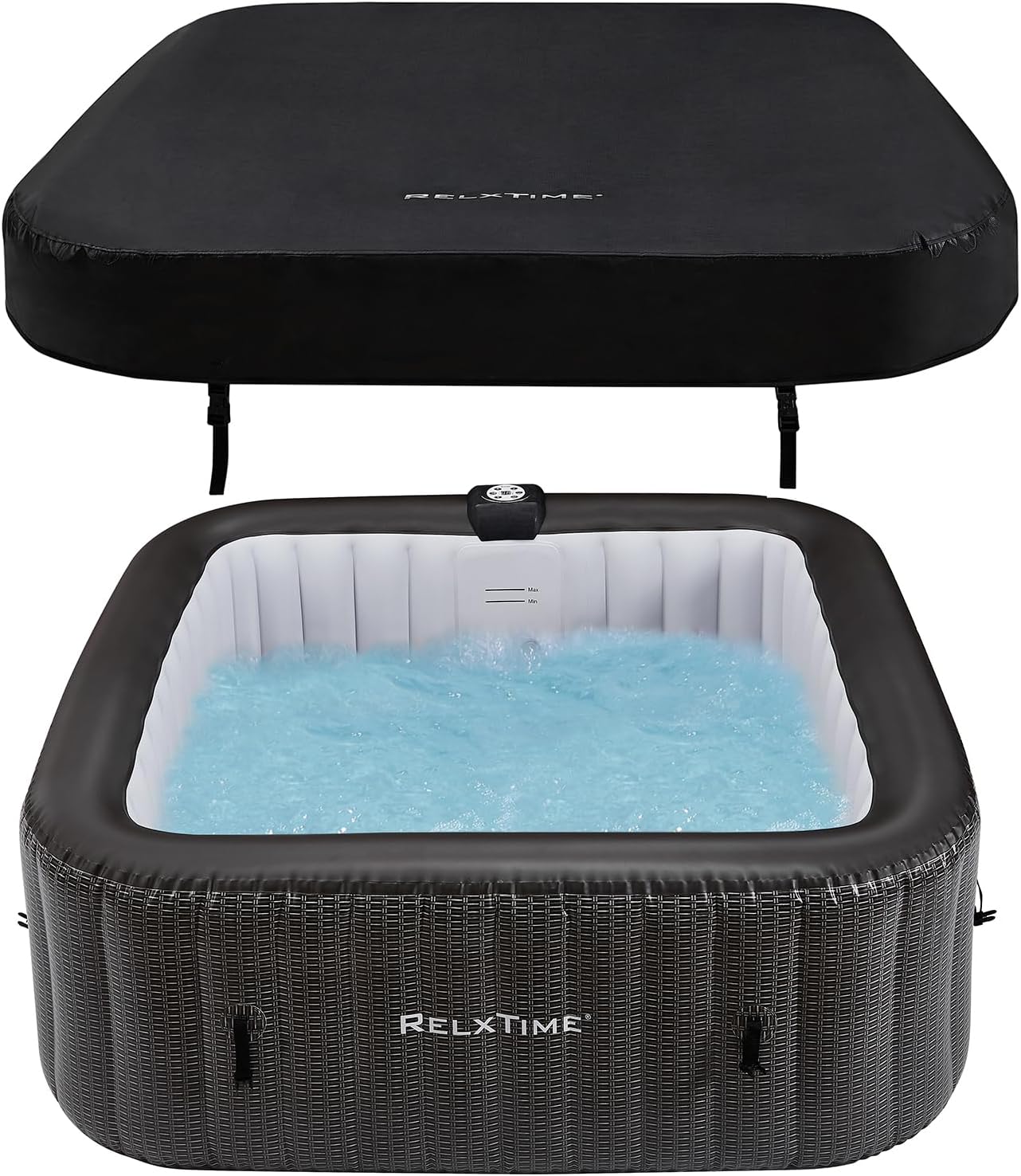 Inflatable Hot Tub 4-6 Person Square, Portable Outdoor Hottub Spa with 130 Air Jets, Built in Heater Pump, Blow Up Tub for Relaxation, 2 Filters, Black