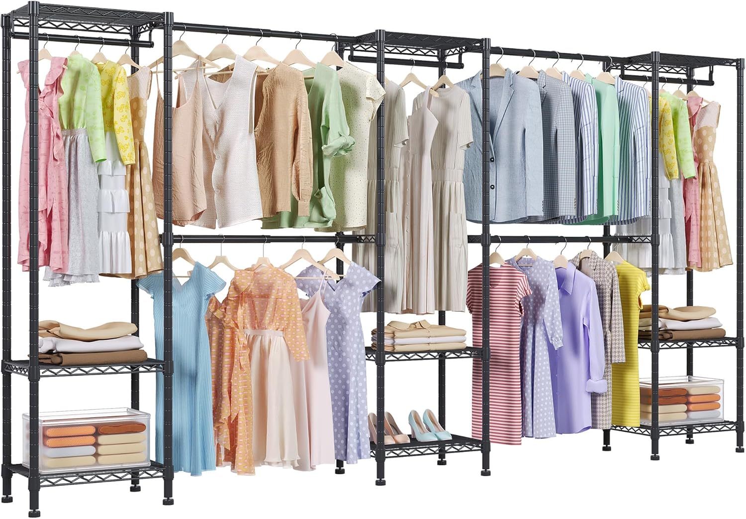 H11 Large Clothing Rack for Hanging Clothes Heavy Duty Garment Rack, Freestanding Wardrobe Closet Organizer and Storage with Expandable Hanger Rods, Extendable from 7.8 to 10.8 ft, Black