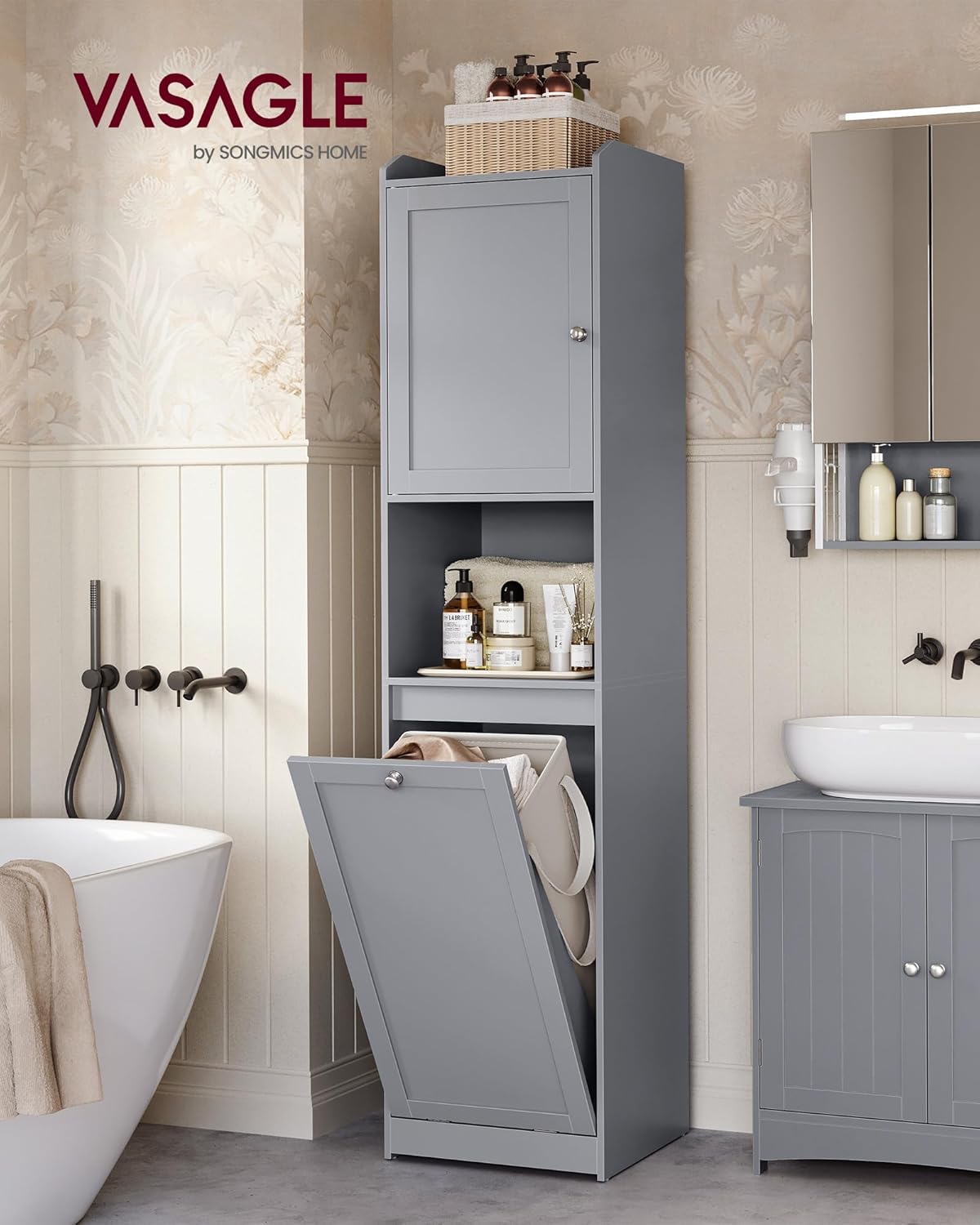 VASAGLE Tall Storage Cabinet, Storage Unit with Removable Laundry Basket, Compartment and Cabinet, for Bathroom, Living Room, 15.8 x 15.8 x 66.9 Inches, Dove Gray UBBC761G02