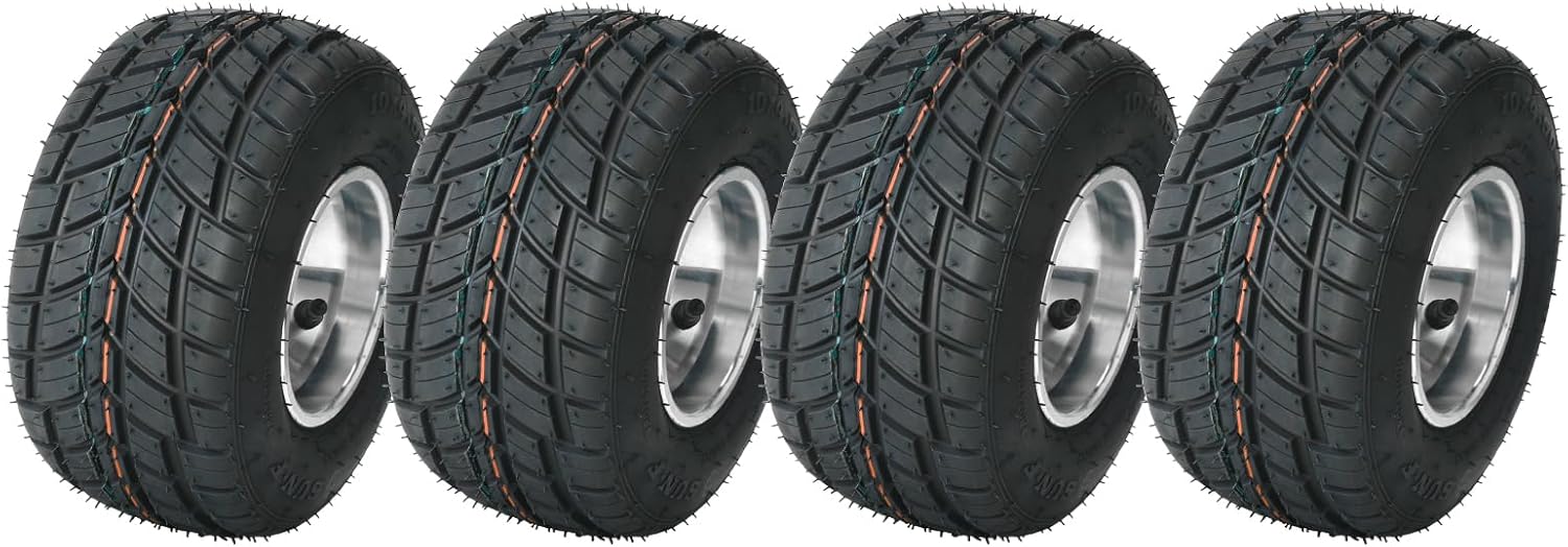 High Performace Go Kart Tire and Rim, 10x4.50-5 Go Cart Front Wheel and Racer Tire Fit Bolt Pattern 50mm w/ 3 Holes for Go Kart Drift Trike Buggy Racing Cart, Non-Slip Tread, Aluminum Alloy Rim (1)
