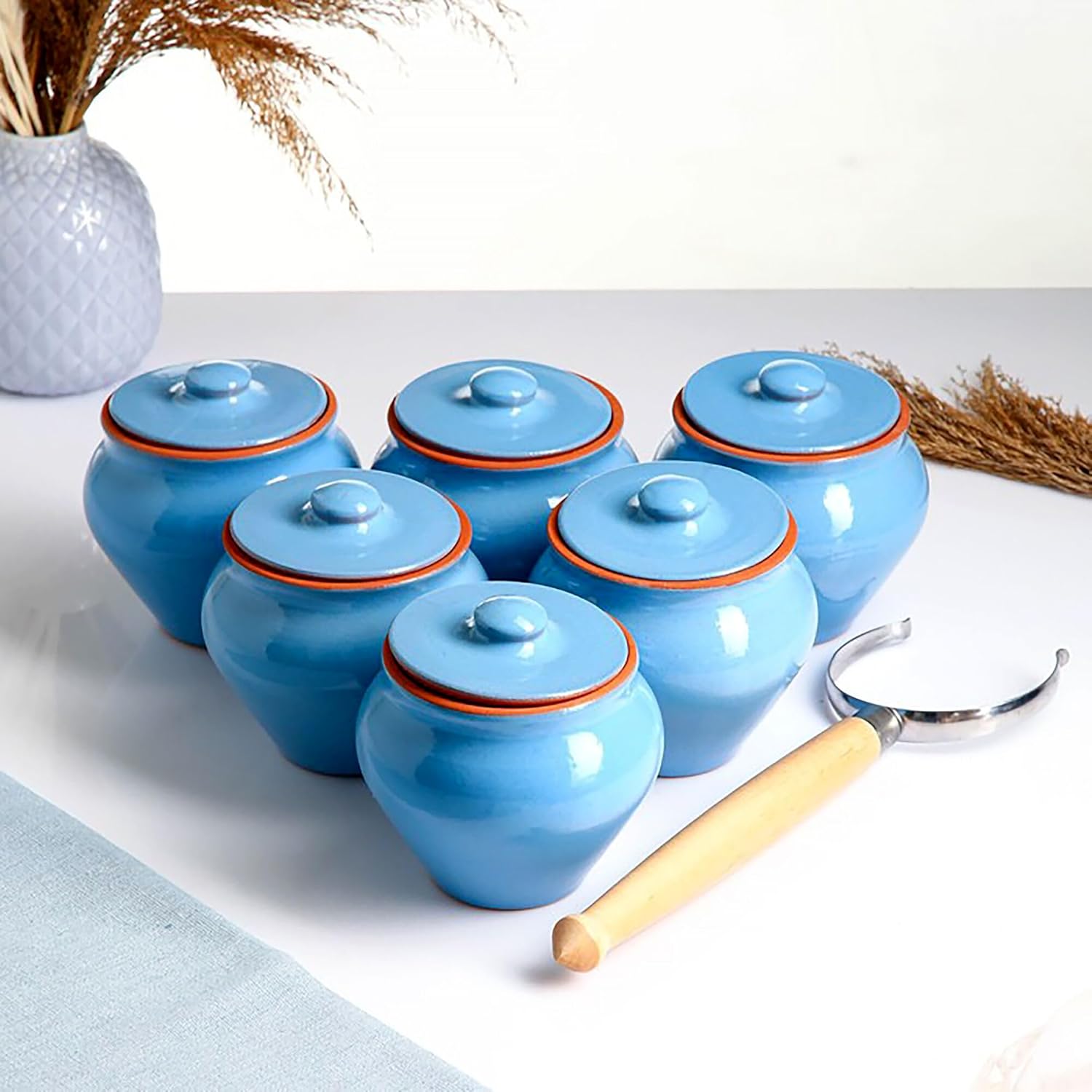 Set of 6 Natural Clay Stoneware Baking Ramekins with Lids & 1 Oven Fork - 0.5-Qt Each - 16.9 fl oz (500 ml) - Clay Pots for Cooking, Dutch Oven Pot With Lid (Blue)