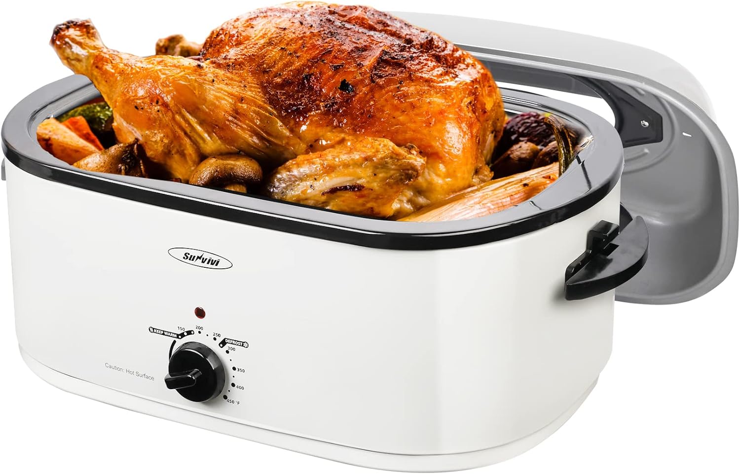 Roaster Oven, Electric Roaster Oven with Viewing Lid, Large Roaster with Removable Pan & Rack, Turkey Roaster with Unique Defrost/Warm Function, Stainless Steel, White, 22QT