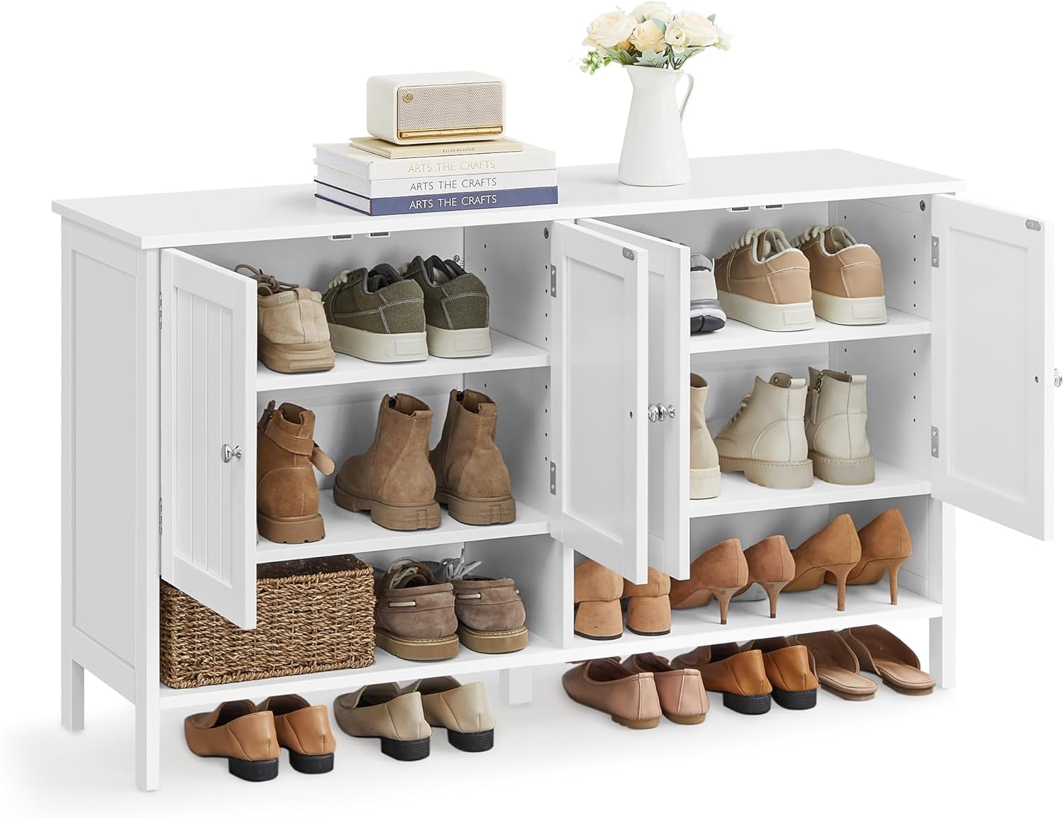 VASAGLE Shoe Cabinet, 3-Tier Shoe Storage Organizer, Farmhouse Freestanding Cabinet with Height-Adjustable Shelf, 13.8 x 47.2 x 27.6 Inches, Entryway, Rustic White ULBC039W01