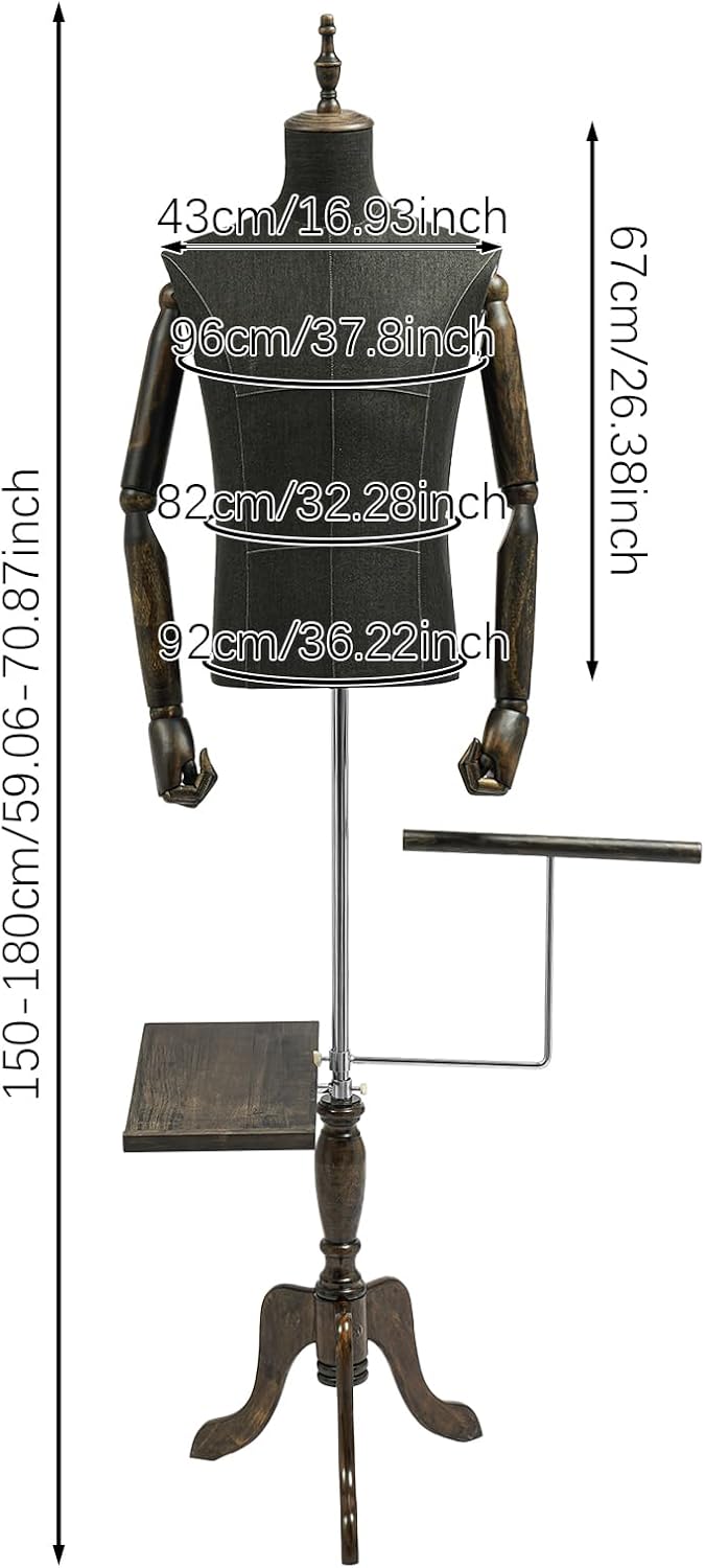Male Mannequin Torso Body Dress Form with Stand Solid Wood Arm, Height Adjustable Manikin 59