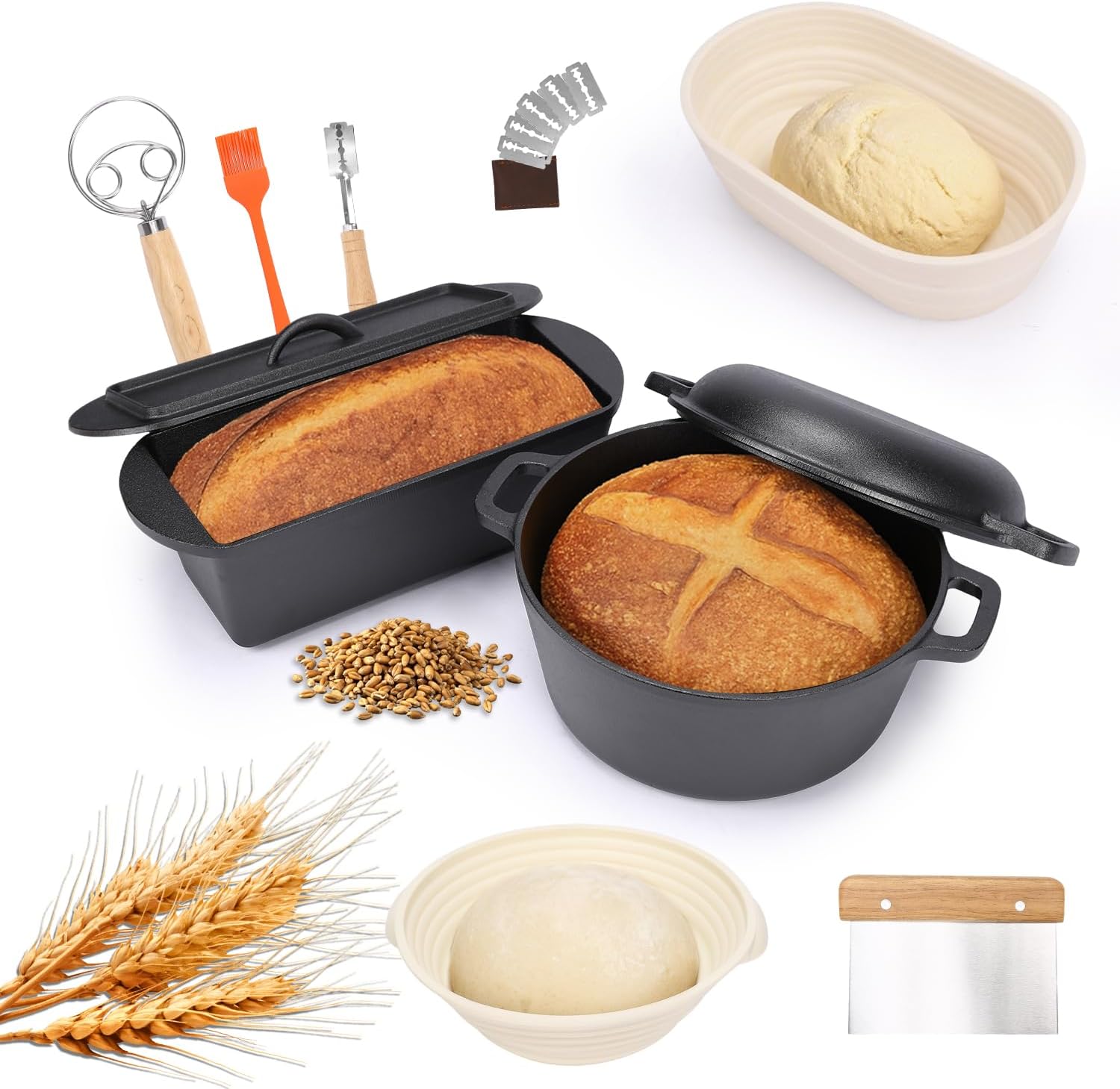 QuliMetal Large Bread Loaf Pan With Sourdough Bread Making Kit, Sourdough Oval Bread Dutch Oven With Lid Pre-Seasoned, 9.5QT, 13 LBS Heavy Duty, Homemade Breadmaking, Non-Stick