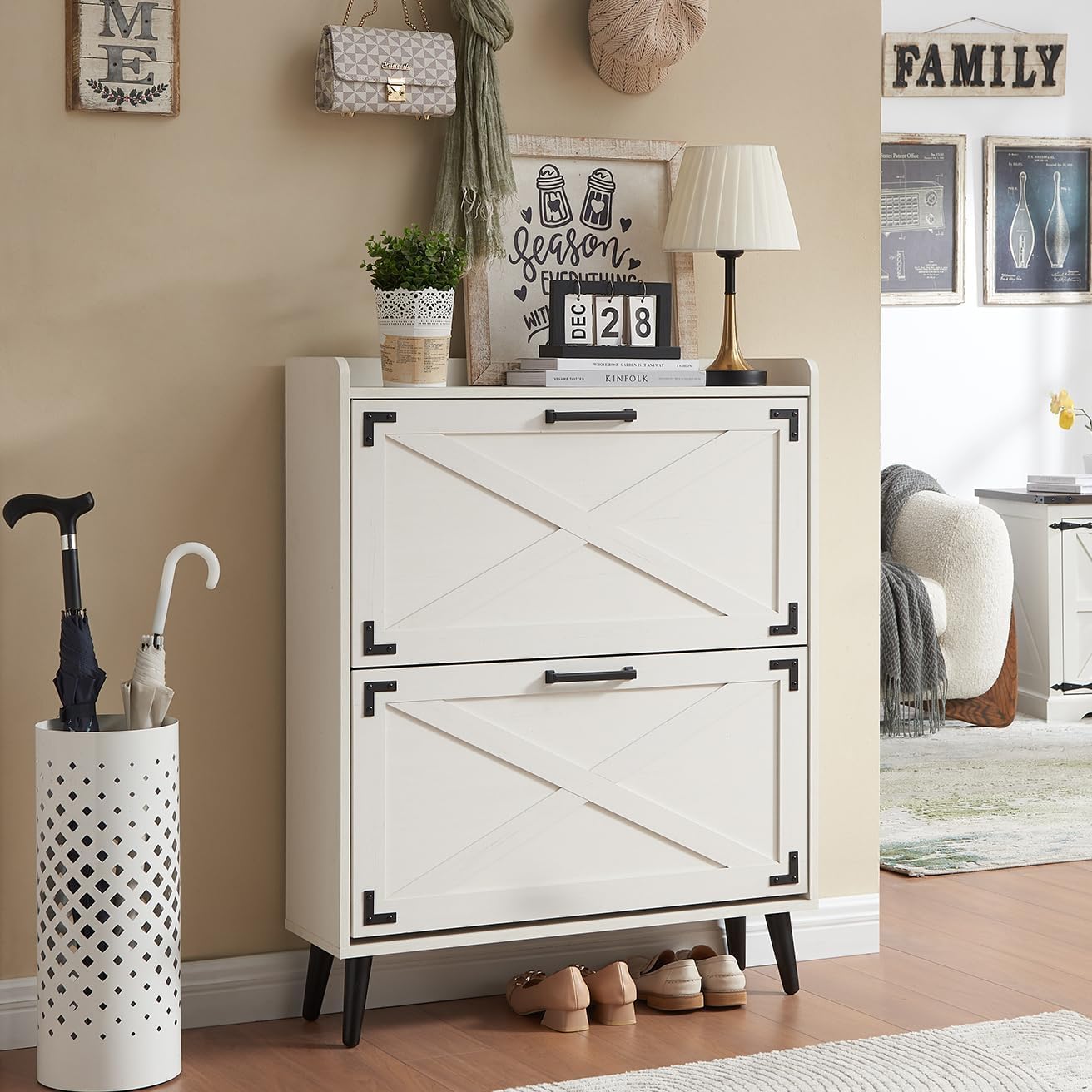 Shoe Storage Cabinet,Farmhouse Shoe Organizer with 2 Flip Drawers & Barn Door Design,Freestanding Hidden Slim Narrow Shoe Rack Cabinet for Entryway,Foyer,Hallway,Navy Blue