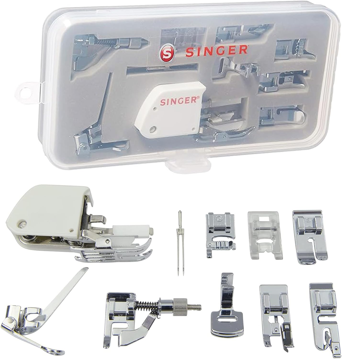 SINGER 9 Presser Feet Sewing Machine Accessory Kit Set Suitable for Household Multi-Function Sewing Machines with Twin Needle, Clear Durable Storage Case for Quilting, Mending, Patchwork
