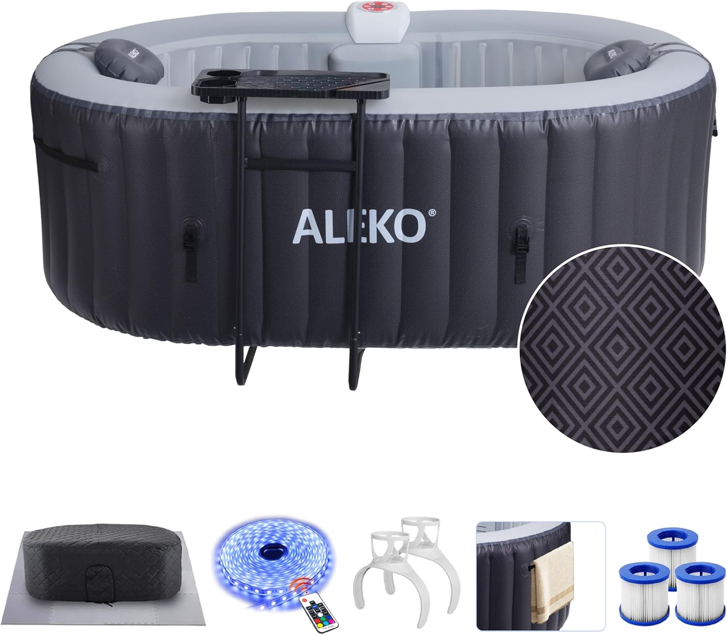 ALEKO Mia 4-Person Inflatable Jetted Hot Tub | 120 Soothing Bubble Jets | Energy Efficient Cover | LED Lights with 7 Lights | 360-Degree Bubble Massage | 158 Gallon Water Capacity