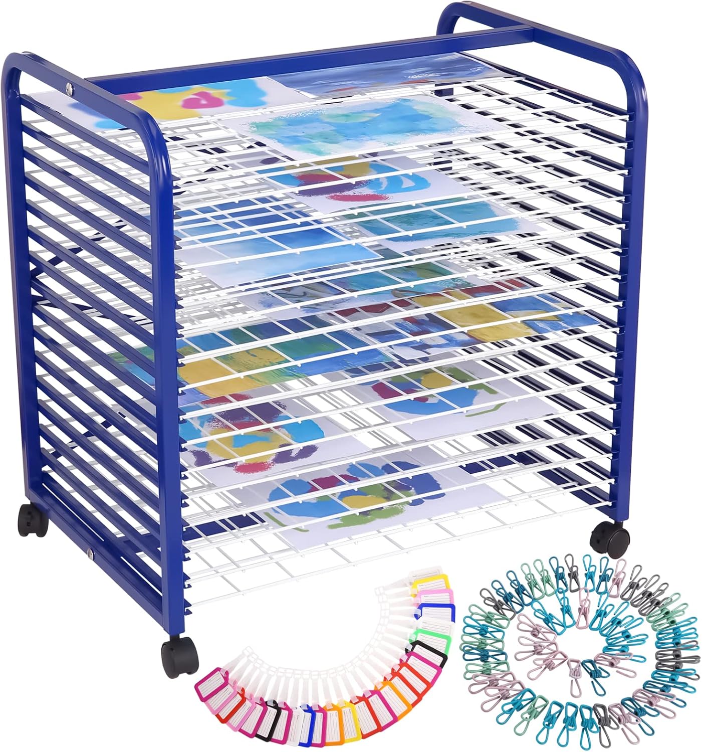 Garvee Art Drying Rack with 4 Lockable Wheels - Metal Art Storage Rack with 16 Removable Shelves, Art Organizer 18 in D x 26 in W x 26 in H for Art Studio, Artwork, Craft Room and Desktop, Blue
