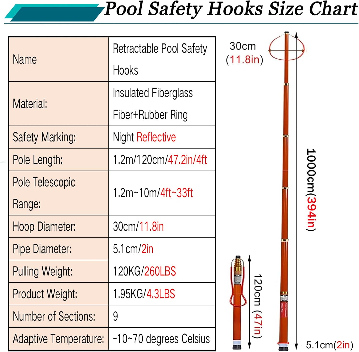 Telescopic Pool Rescue Hook with Pole, 16ft-30ft Adjustable Heavy Duty Pool Pole, Fibreglass Safety Hook Pools, Specialised Emergency Rescue Equipment for Drowning Victims (L:1000cm/33ft)